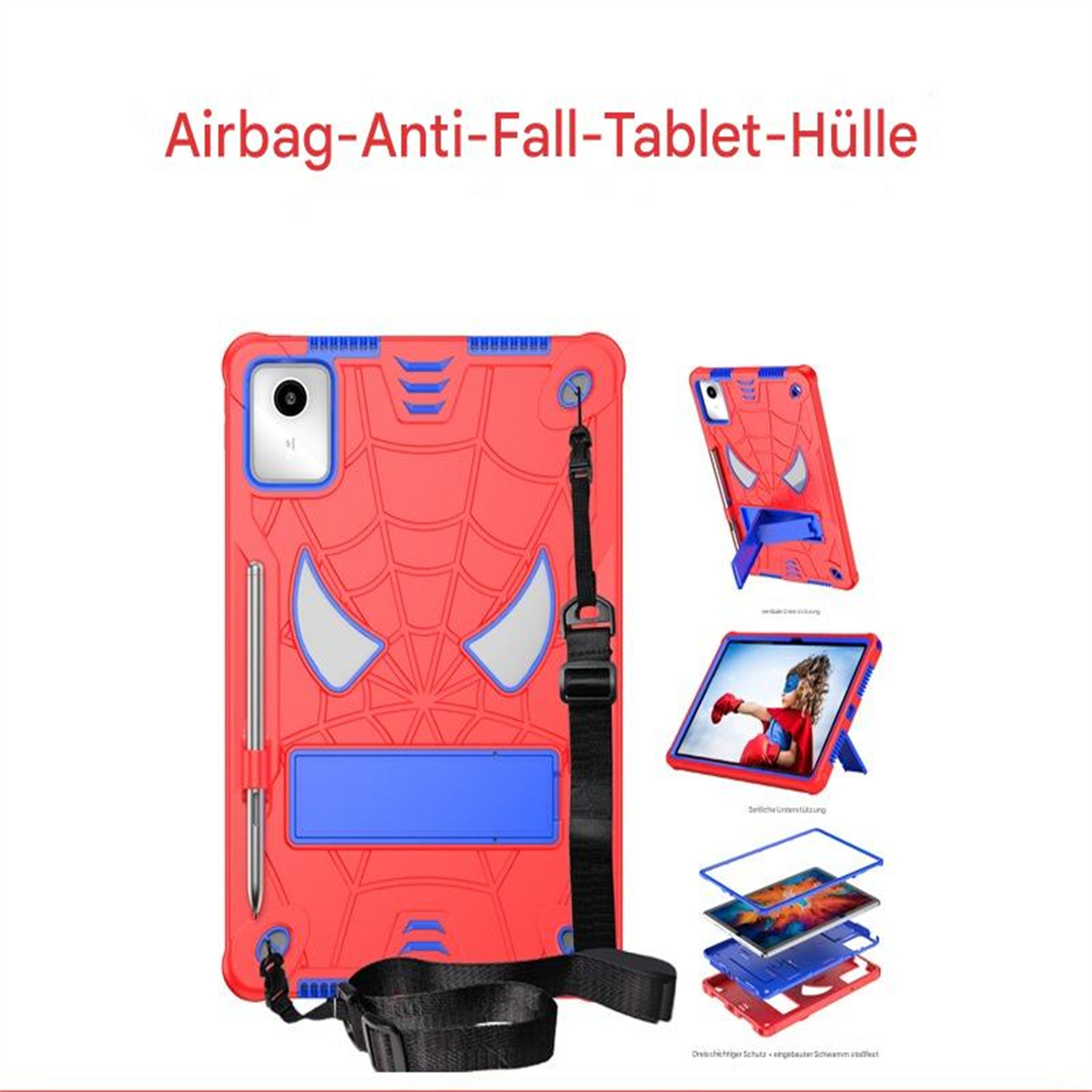 Rote Tablet-Hülle mit Spider-Man-Design, inklusive Ständer und Stift. Text: Airbag-Anti-Fall-Tablet-Hülle.