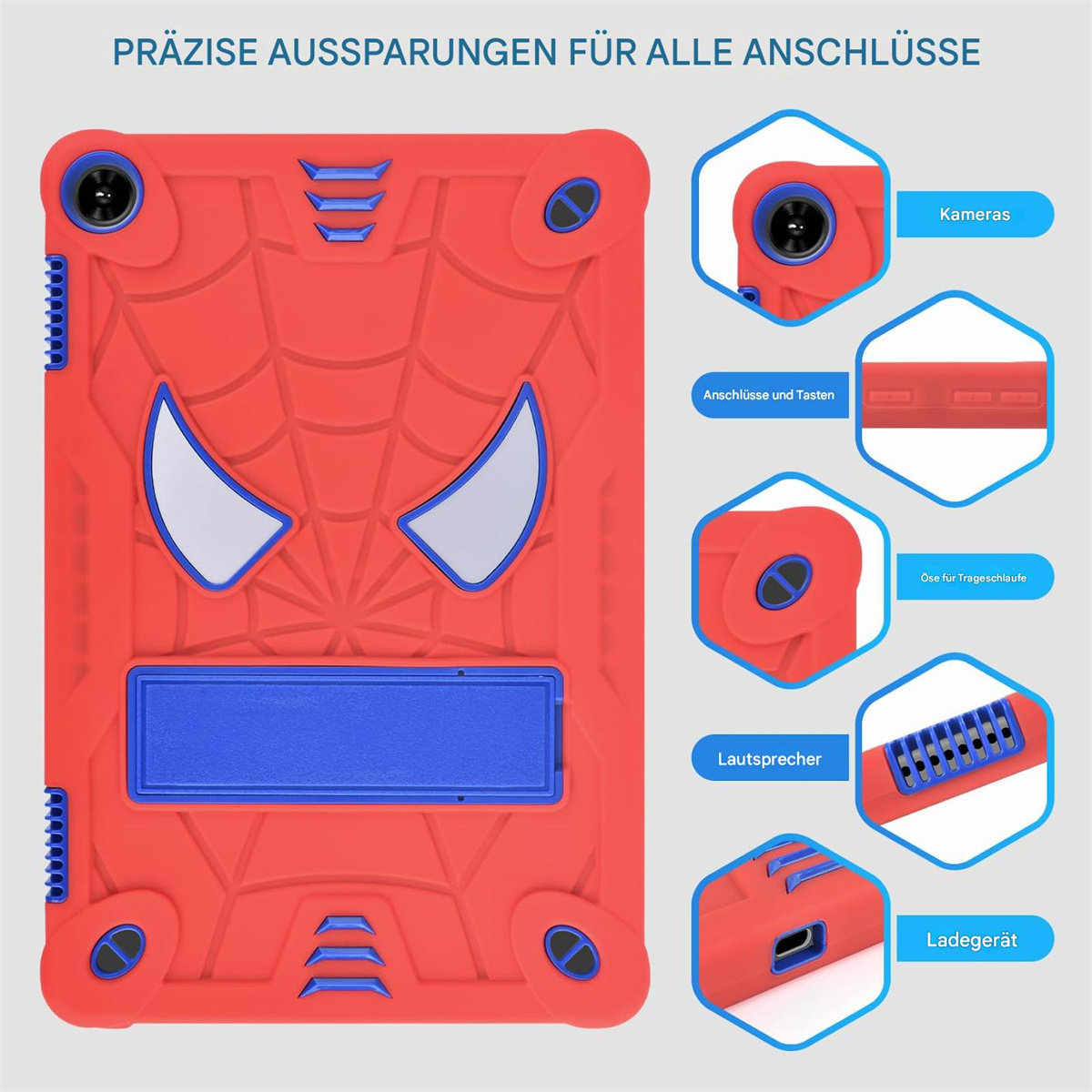 Eine rote Tablet-Hülle mit Spiderman-Design. Details der Hülle werden gezeigt.