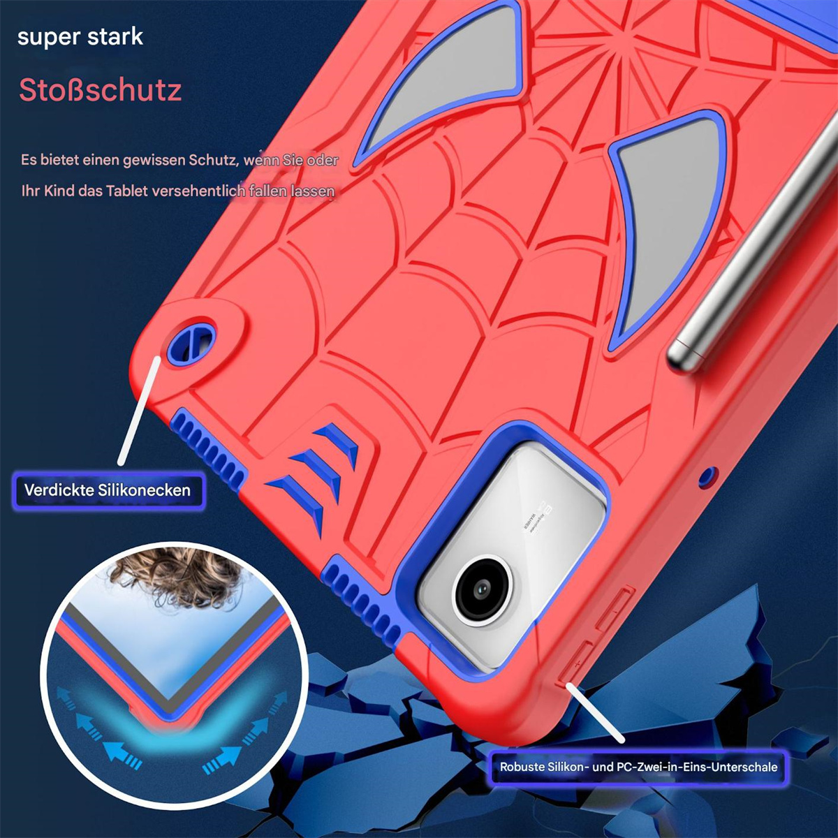 Rote Tablet-Hülle im Spider-Man-Design. Text: super stark Stoßschutz, Verdickte Silikonecken, Robust.