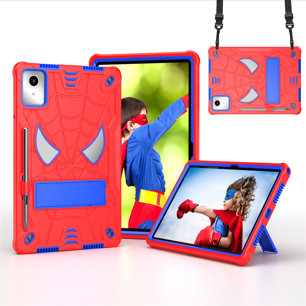 Rote Tablethülle mit Spider-Man-Design. Die Hülle hat eine Standfunktion und wird von Kindern benutzt.