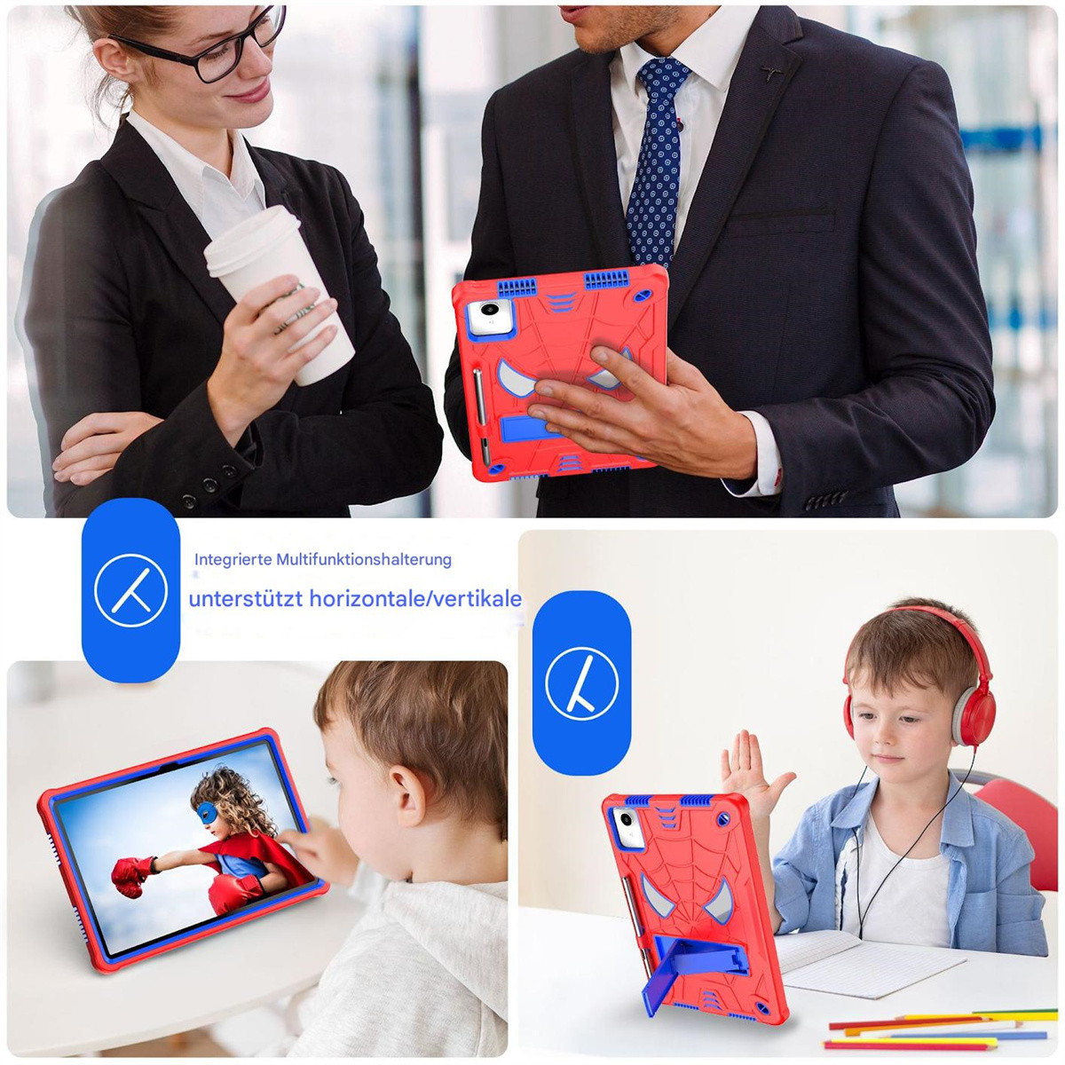 Leute betrachten Tablets mit Spider-Man-Hüllen. Die Tablets werden in verschiedenen Umgebungen benutzt. Die Hülle ist rot.