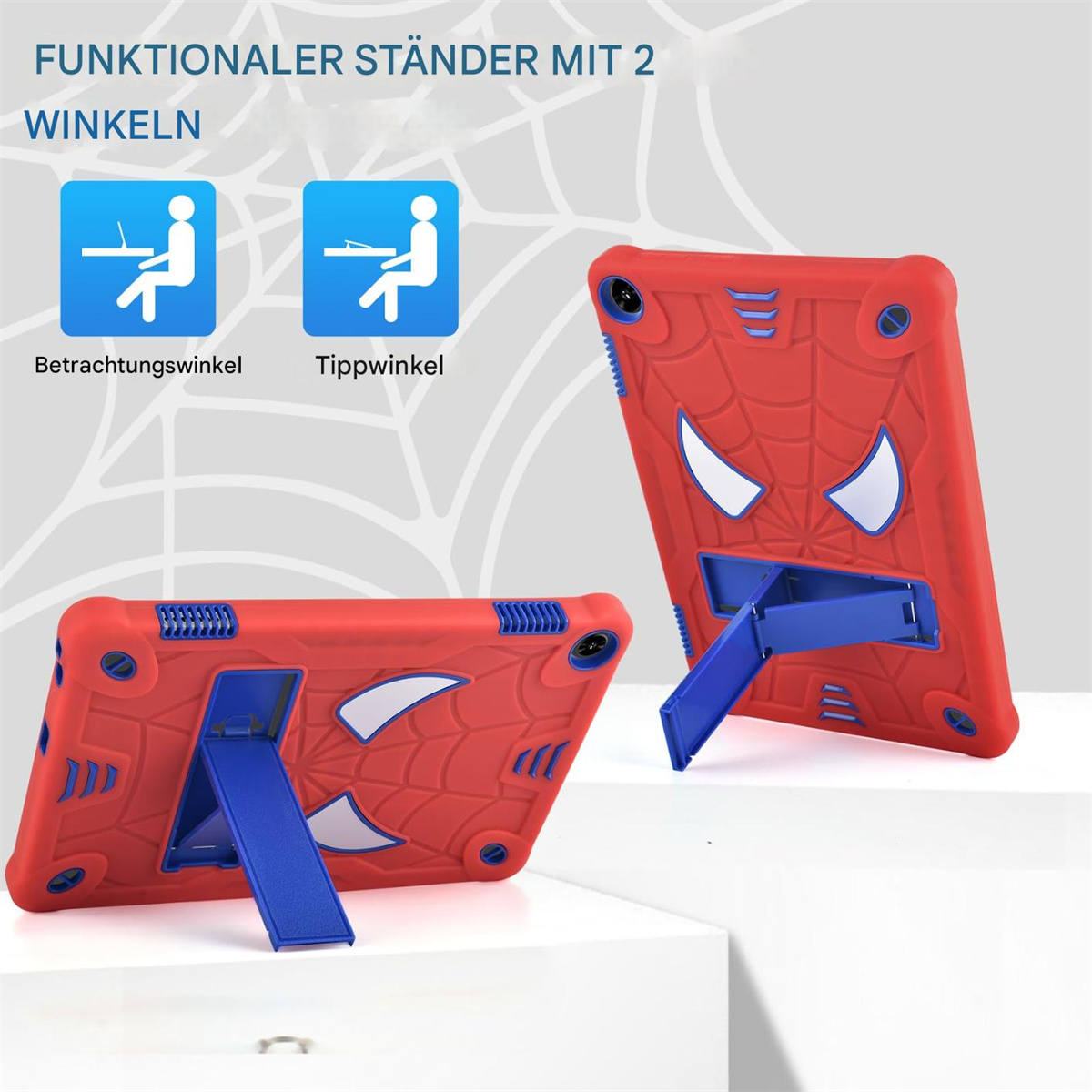 Rote Tablet-Hülle im Spider-Man-Design, zwei Winkelständer. Text: FUNKTIONALER STÄNDER MIT 2 WINKELN.