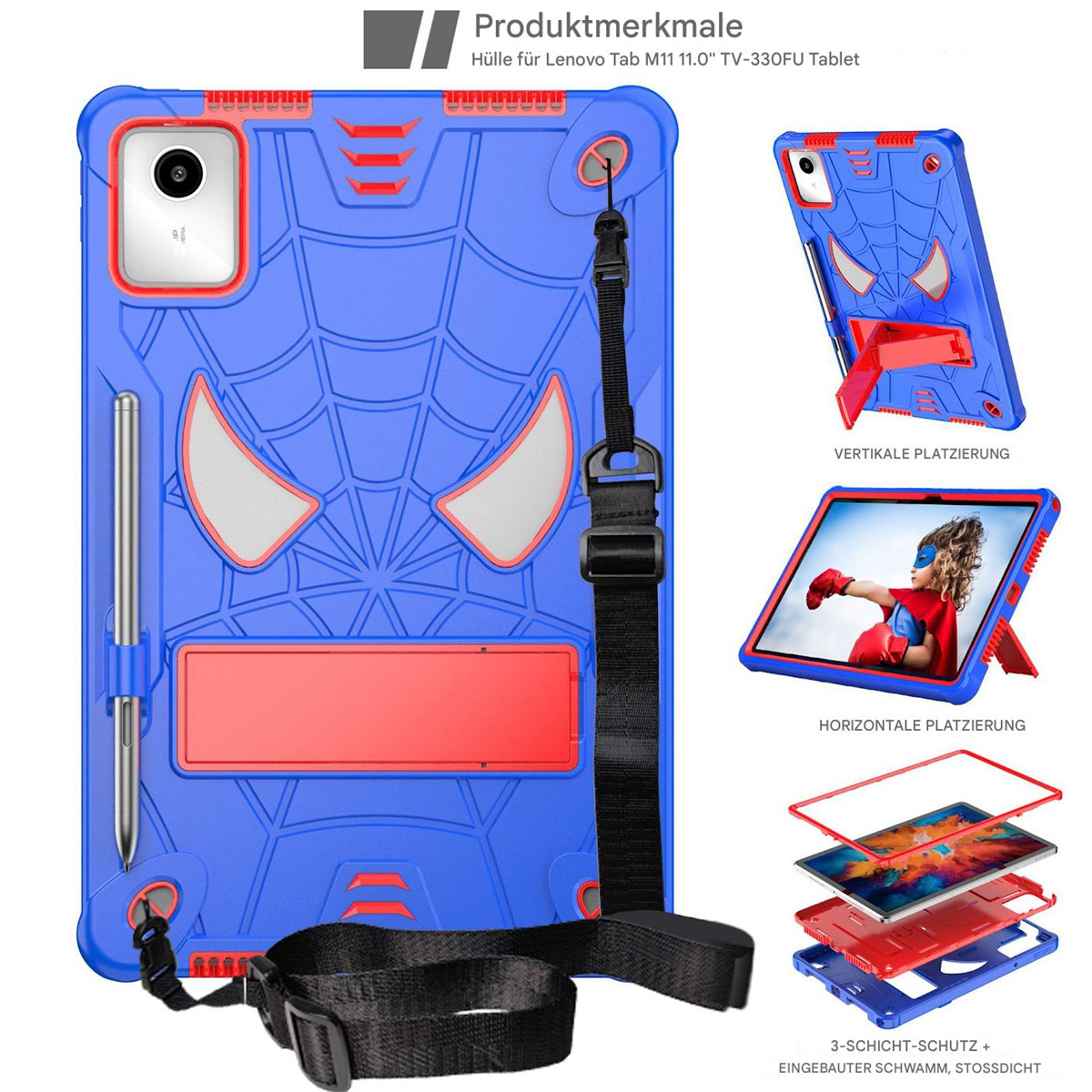 Blaue und rote Spider-Man Tablet-Hülle. Zeigt mehrere Ansichten: montiert, vertikaler Ständer, horizontaler Ständer und Schichten.