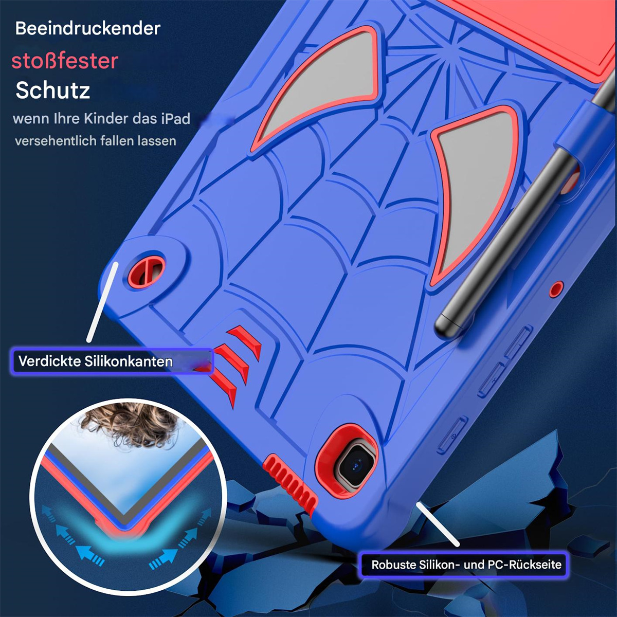 Nahaufnahme einer blauen Tablet-Hülle mit Spinnennetz-Design. Es zeigt die Kanten und die roten Akzente.