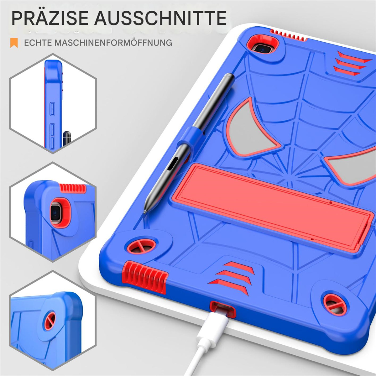 Nahaufnahme einer blauen Tablet-Hülle mit Spinnennetz-Design. Die roten Akzente und Ausschnitte sind sichtbar.