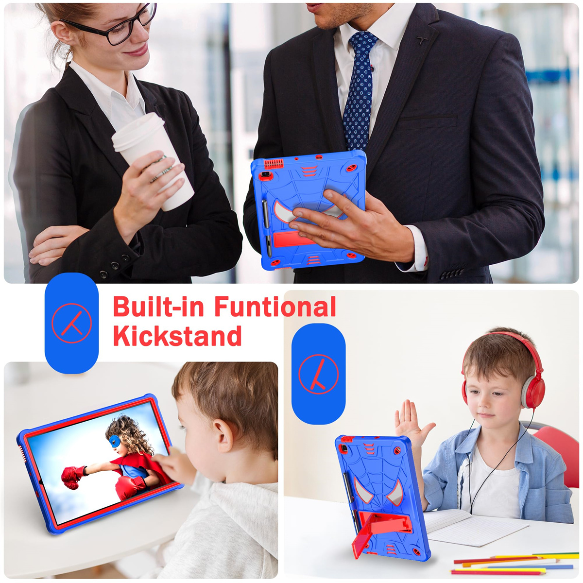 Personen, die ein Tablet mit einer Spider-Man-Hülle verwenden. Ansichten des Tablets werden in verschiedenen Ausrichtungen gezeigt.