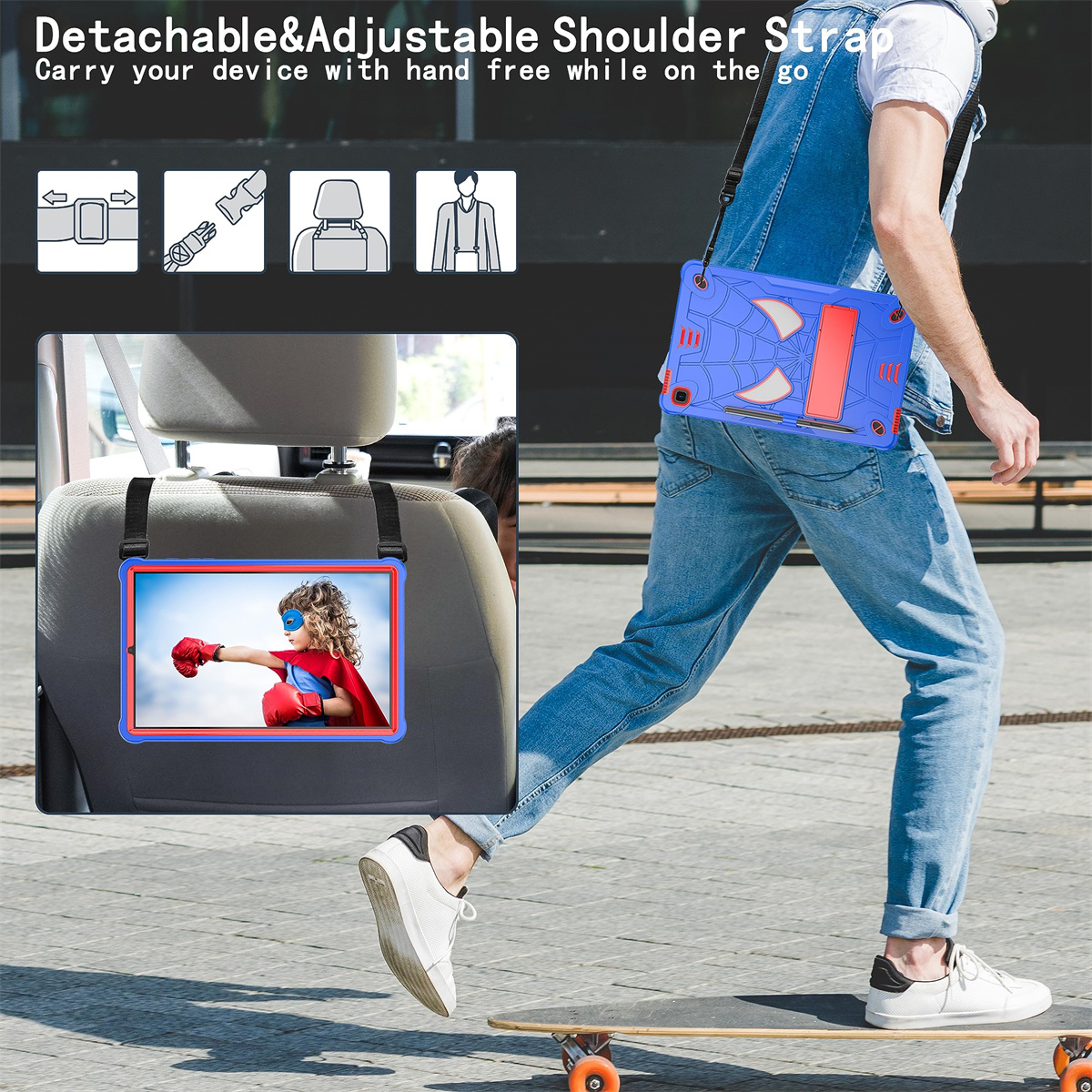 Person geht mit einem Tablet. Das Tablet befindet sich in einer blauen Spider-Man-Hülle, an einem Gurt um den Hals.