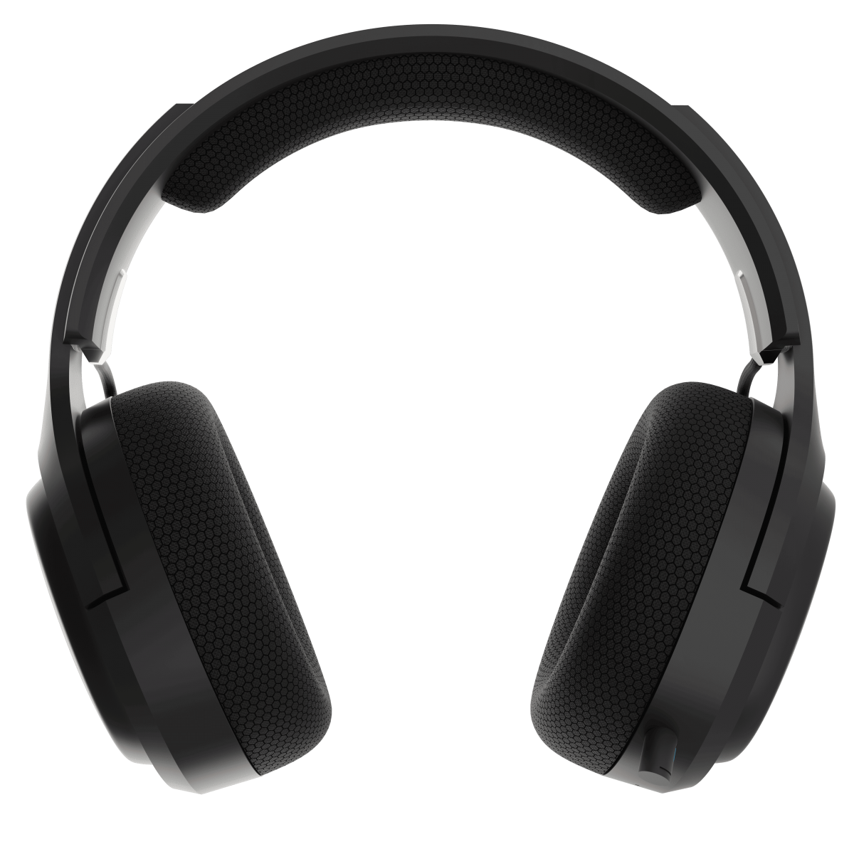 Zbliżenie czarnych słuchawek do gier. Duże, teksturowane nauszniki, wyściełany pałąk. Czarne tło.