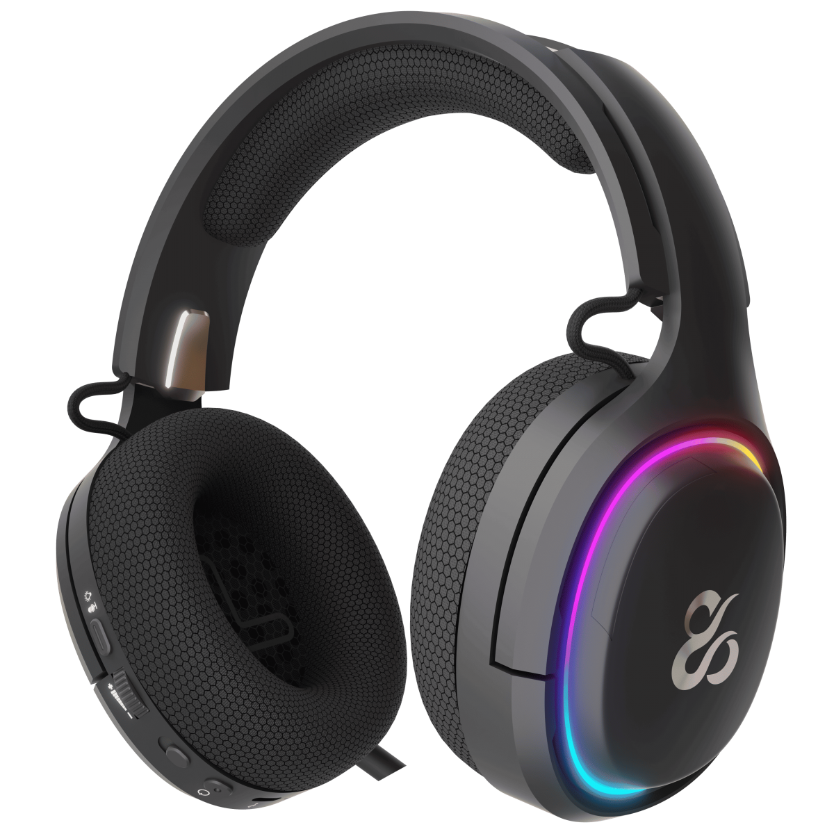 Czarne słuchawki dla graczy z mikrofonem, regulacją głośności i kolorowymi światłami LED na nausznikach. Czarne tło.