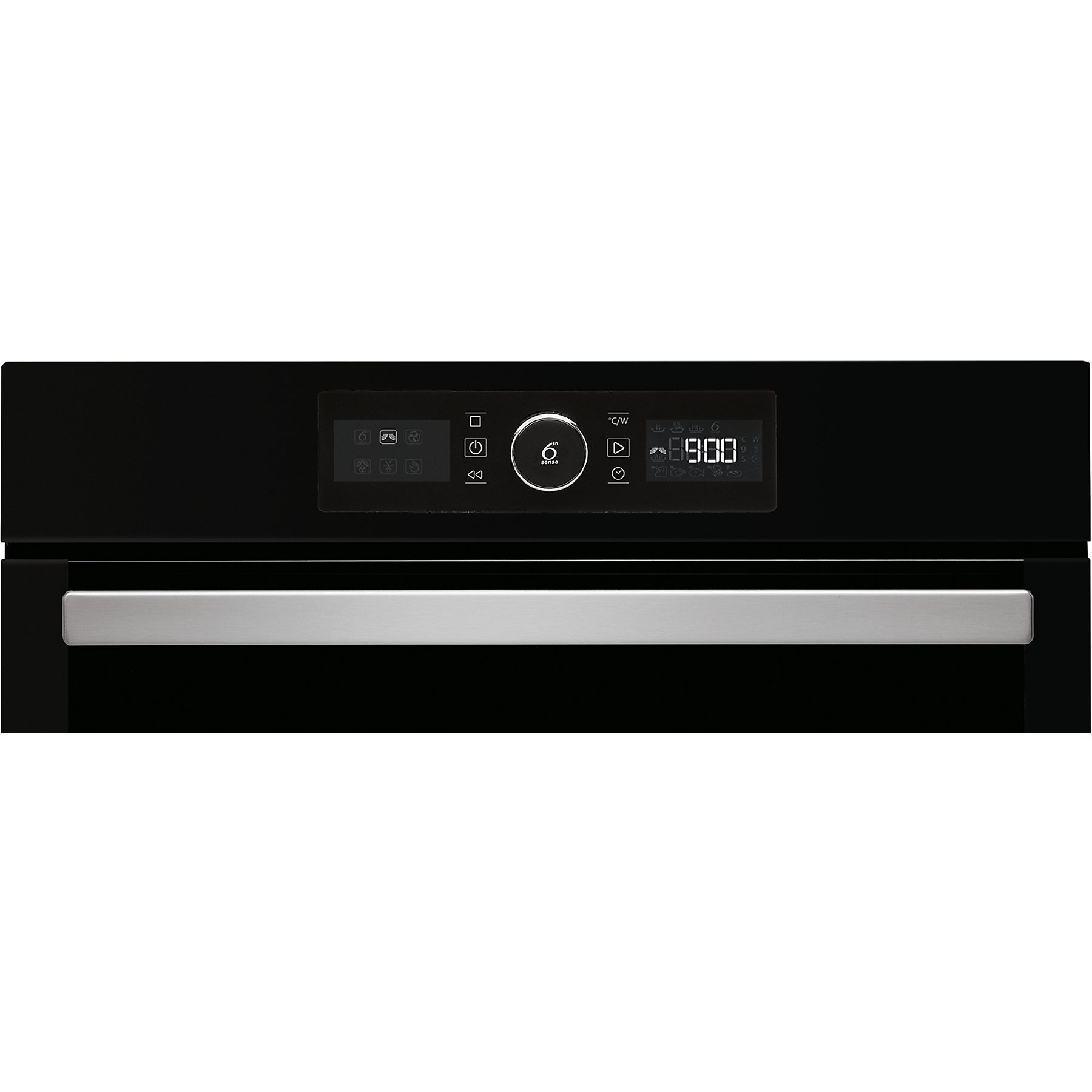 Primo piano di un pannello di controllo del forno nero con display digitale e varie icone sensibili al tocco.
