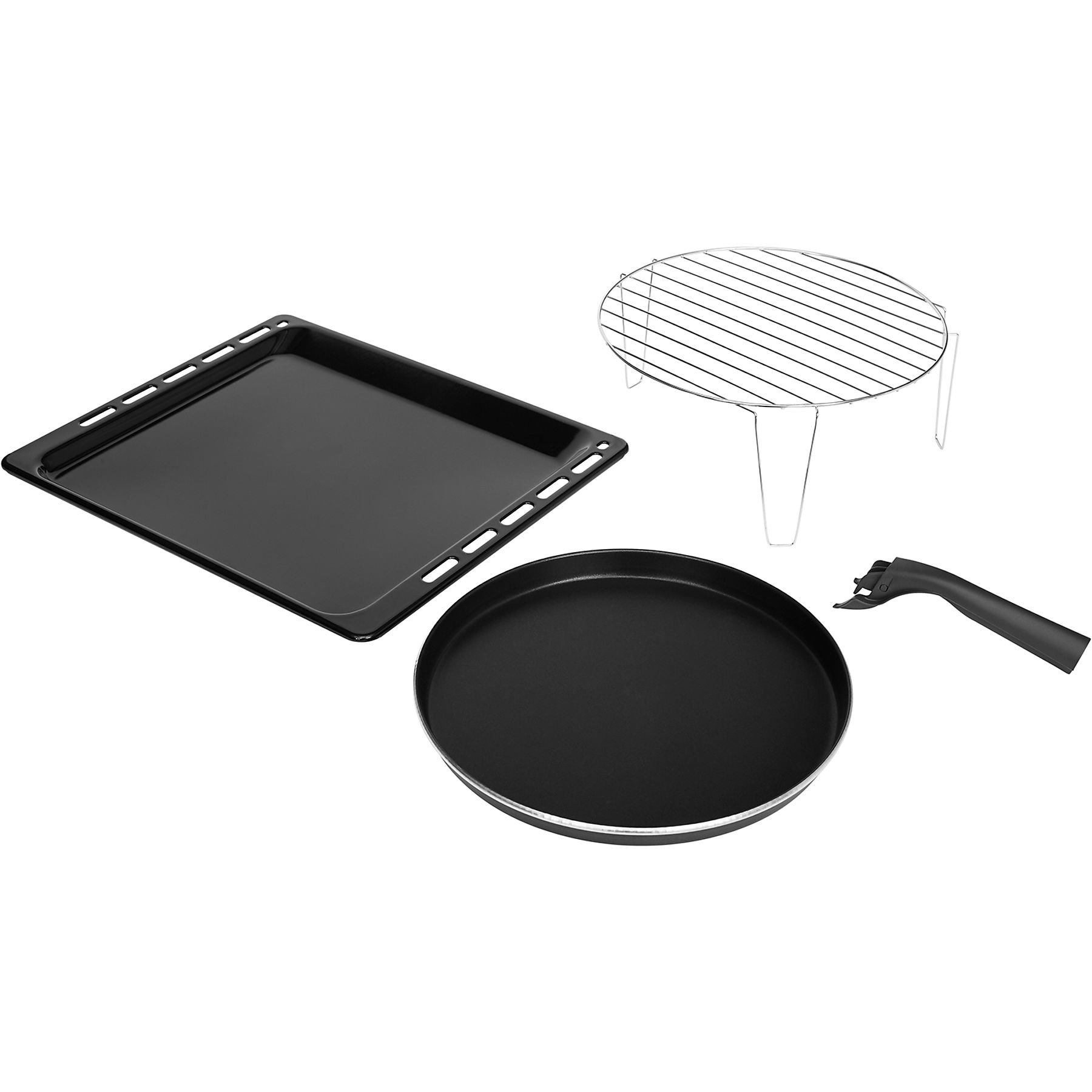 Accessori per forno: una teglia nera, un vassoio rotondo nero, una griglia e una maniglia.