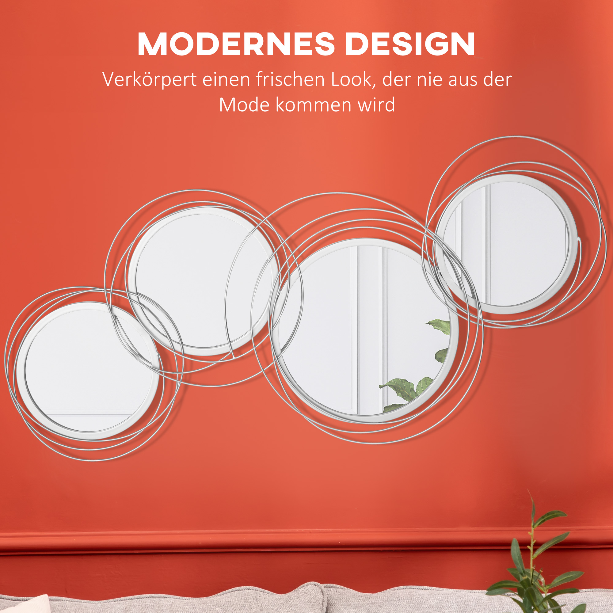 Vier runde Spiegel mit silbernen Rahmen an einer roten Wand. Dekoratives Design mit Text oben.