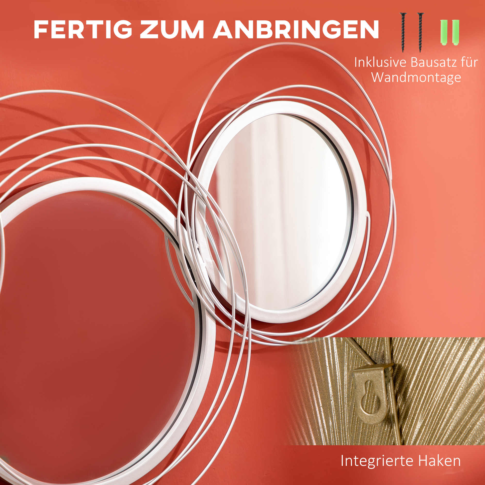 Zwei Spiegel mit weißen Rahmen an einer roten Wand. Text: 'Fertig zum Anbringen' und 'Integrierte Haken'.