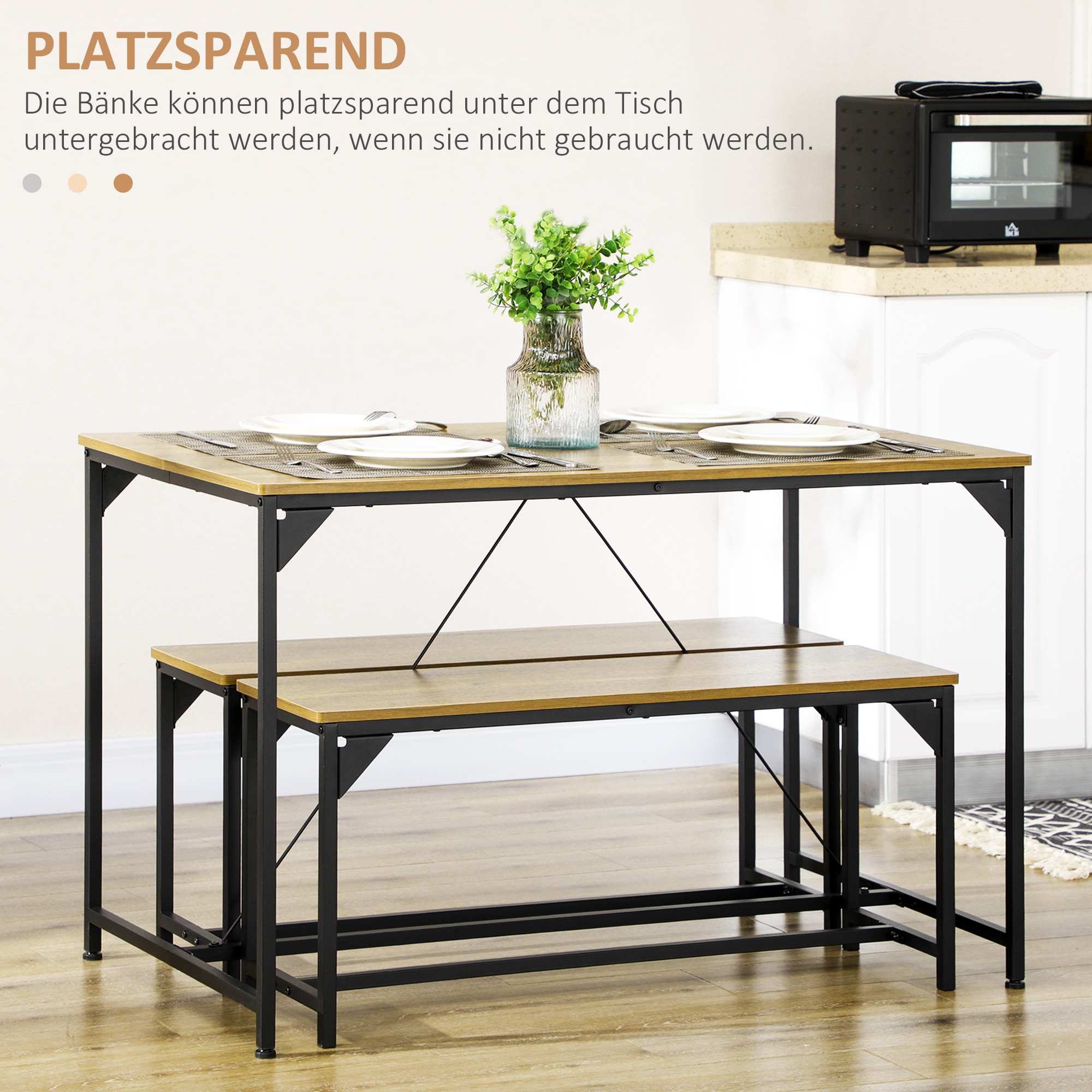 Holztisch und -bank in einer Küchenumgebung. Eine Vase mit grünen Pflanzen steht auf dem Tisch.
