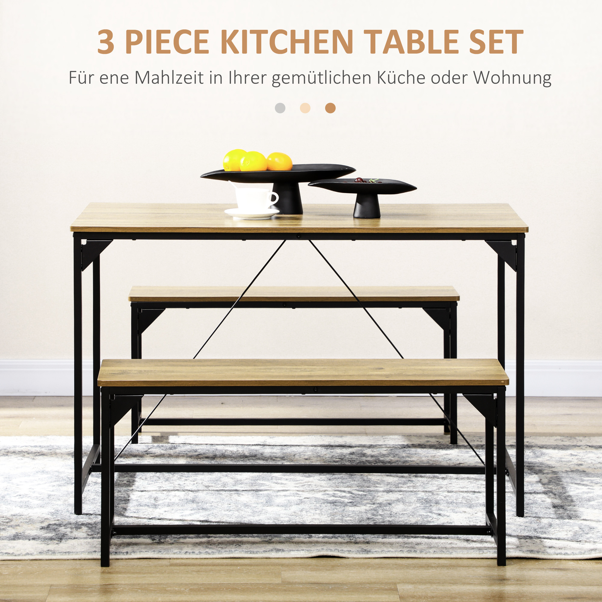 Küchentisch-Set mit Holztisch und zwei Bänken. Schwarzes Metallgestell, mit Essen und Deko.