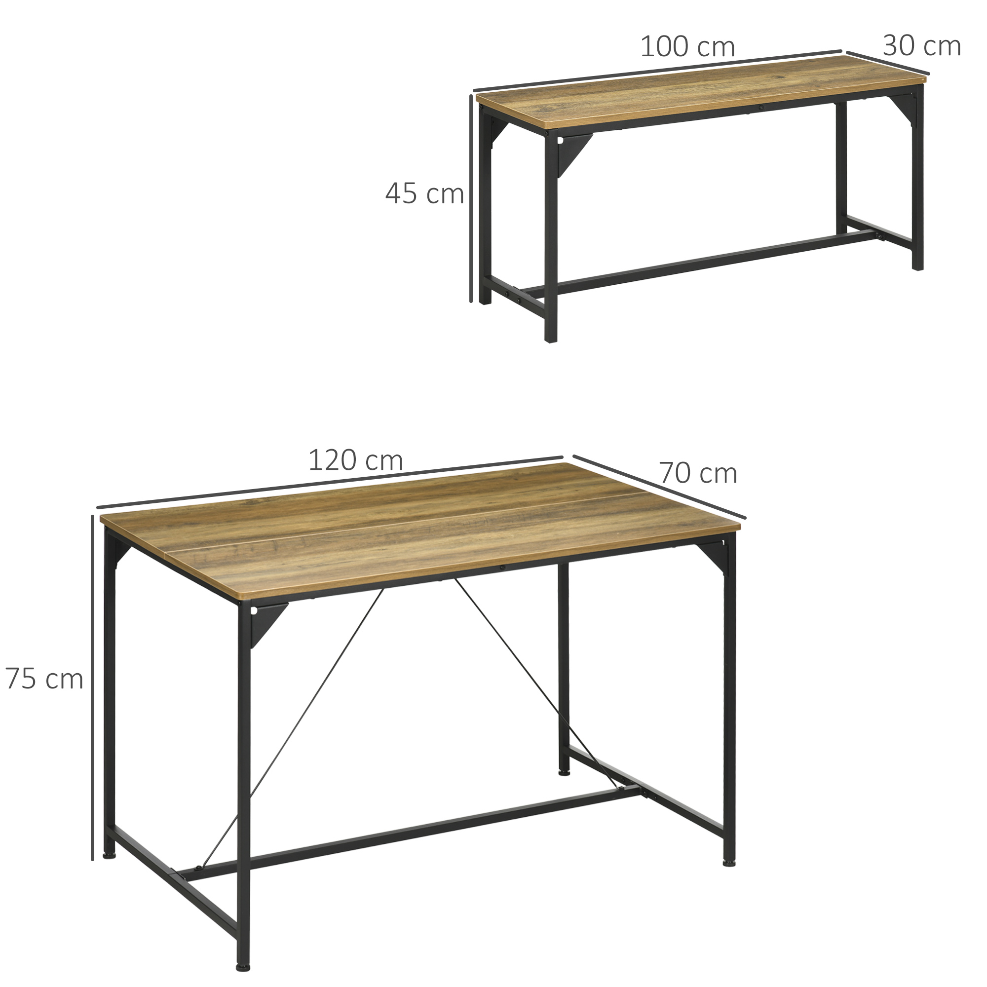 Zwei Holztische mit schwarzen Metallbeinen. Einer ist kleiner, der andere größer, mit angegebenen Abmessungen.