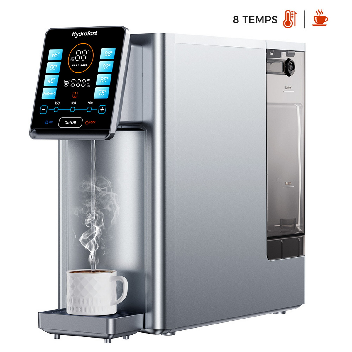 Ein silberner Wasserkocher mit Digitalanzeige und einer Tasse Kaffee. Er hat mehrere Temperatureinstellungen.