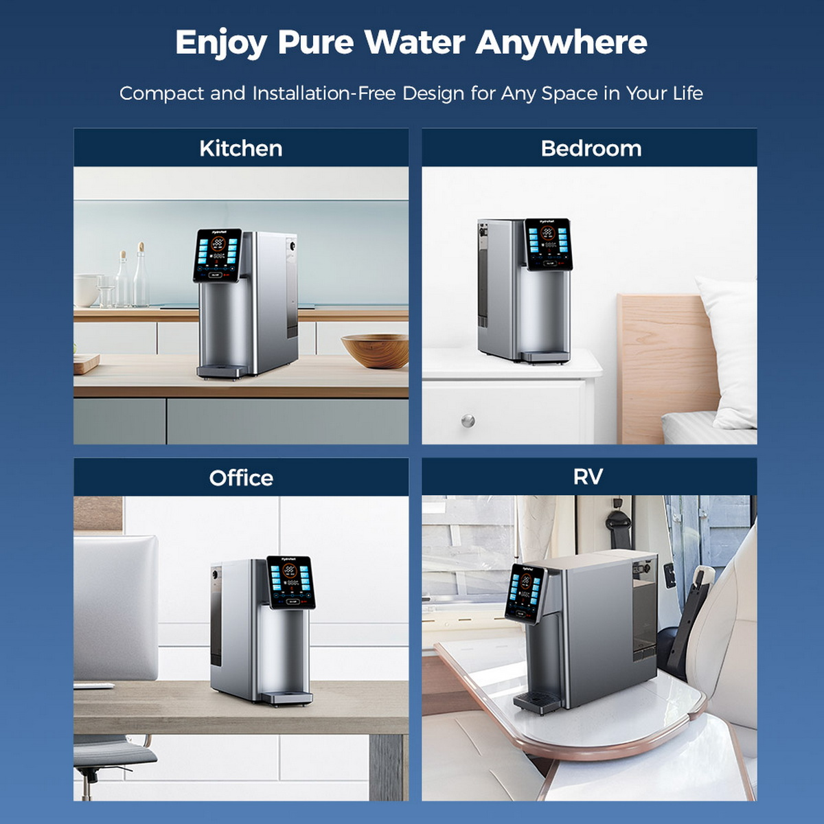 Ein Wasserspender in verschiedenen Umgebungen: Küche, Schlafzimmer, Büro und Wohnmobil. Blauer Farbverlauf Hintergrund.