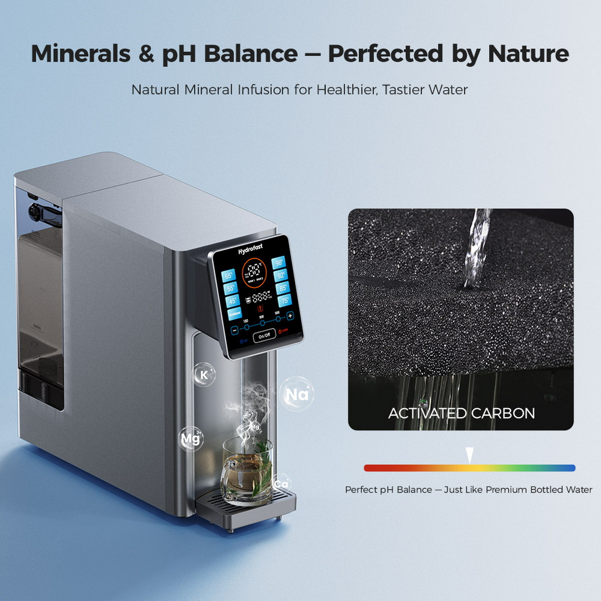 Ein Wasserreiniger mit einem Glas Wasser, das Mineralien und pH-Gleichgewicht zeigt, mit Aktivkohle im Blick.