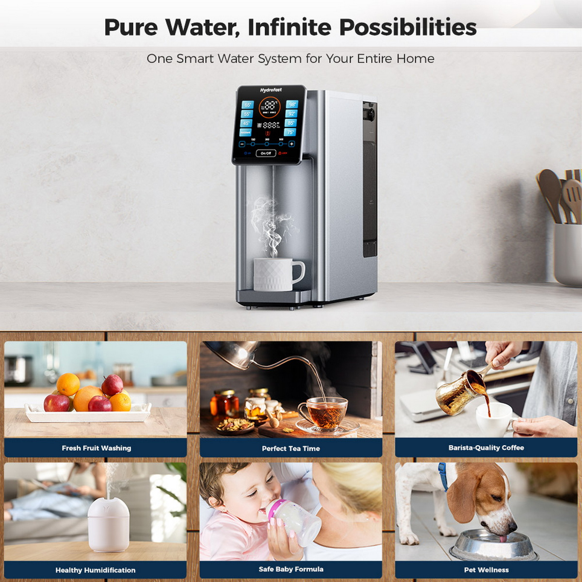 Ein silberner Wasserspender mit verschiedenen Bildern, darunter Obst, Tee, Kaffee und eine Babyflasche.