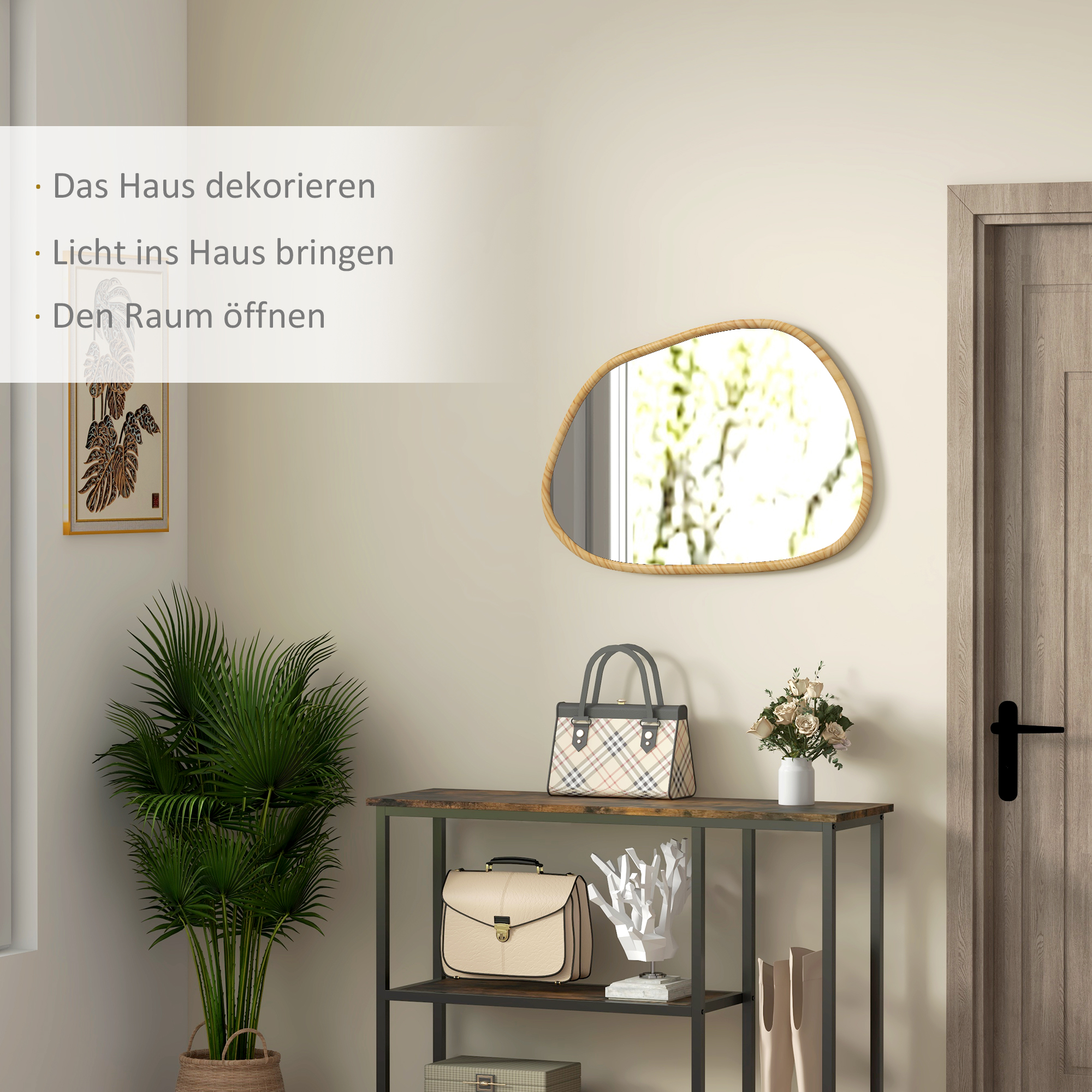Ein Raum mit Spiegel, Konsolentisch mit Deko und deutschem Text: Haus dekorieren, Licht ins Haus bringen, Raum öffnen.