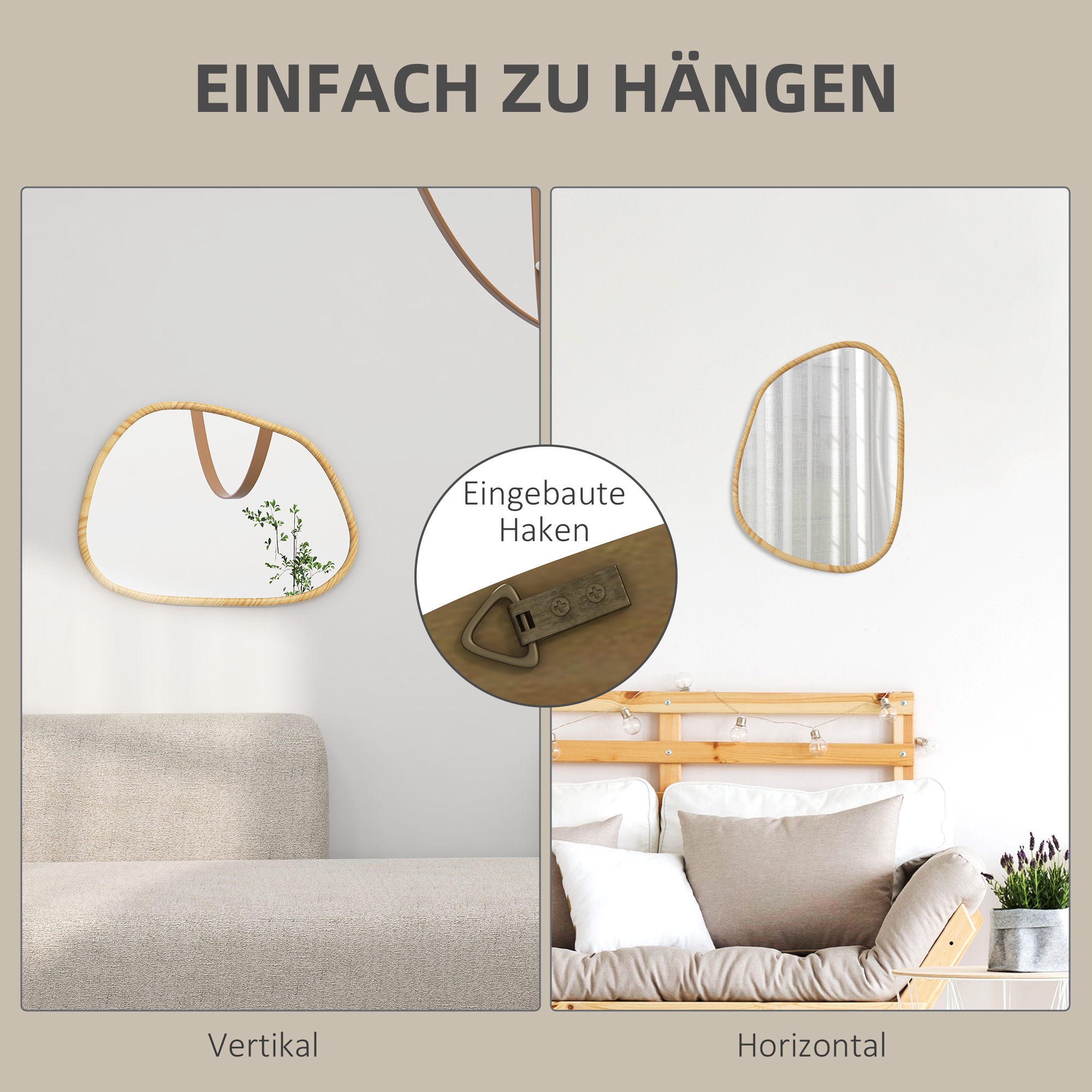 Zwei Spiegel an einer Wand. Einer ist oval, der andere unregelmäßig geformt. Haken zum Aufhängen sind gezeigt.