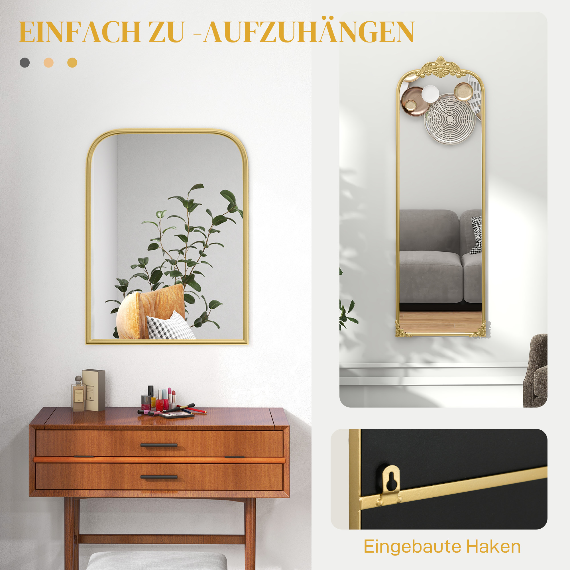 Arrangierte Spiegel an weißer Wand mit Holzschublade, Pflanzen und Zubehör, mit deutschem Text.