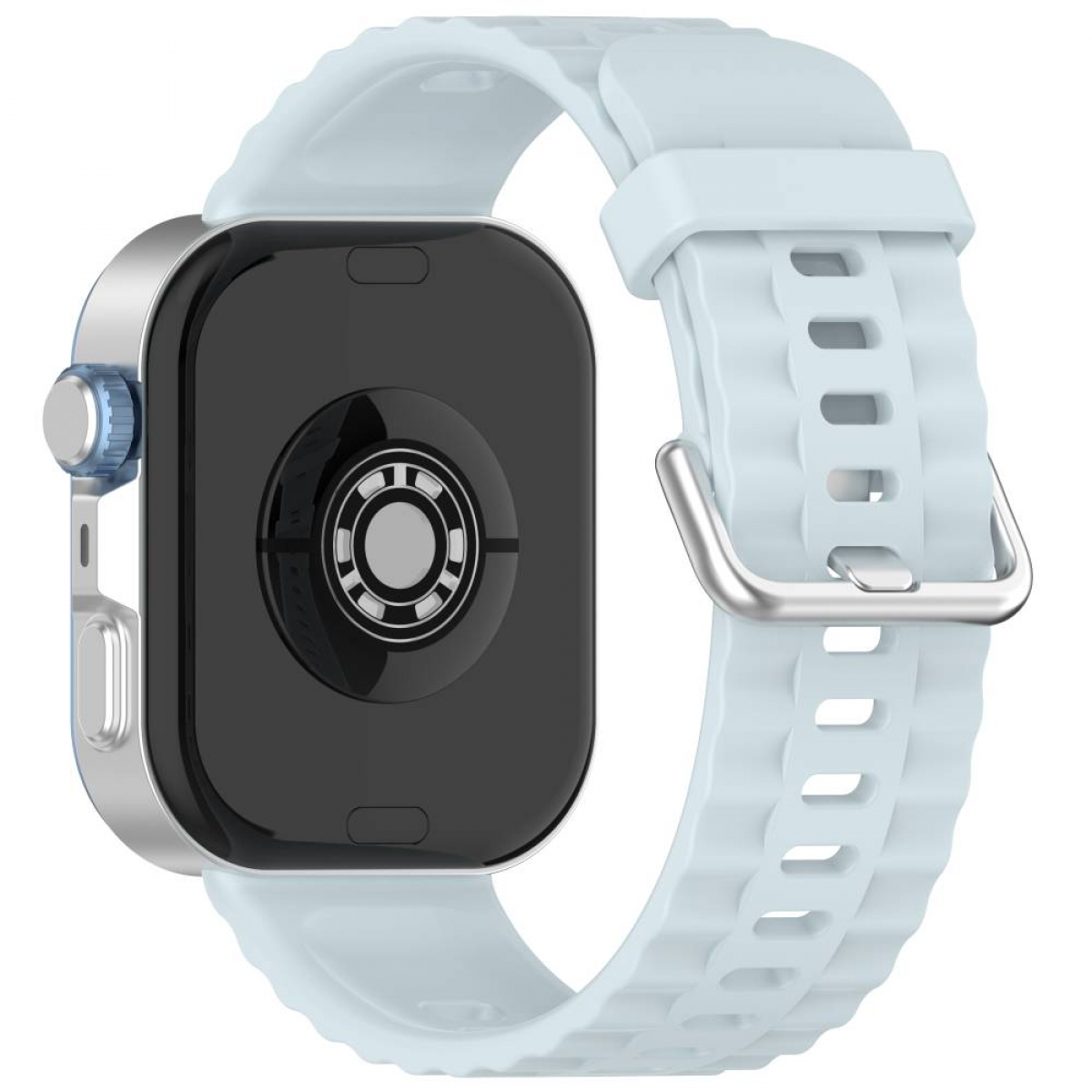 Nahaufnahme einer Smartwatch mit hellblauem Armband, die Rückseite zeigt kreisförmige Design-Details.