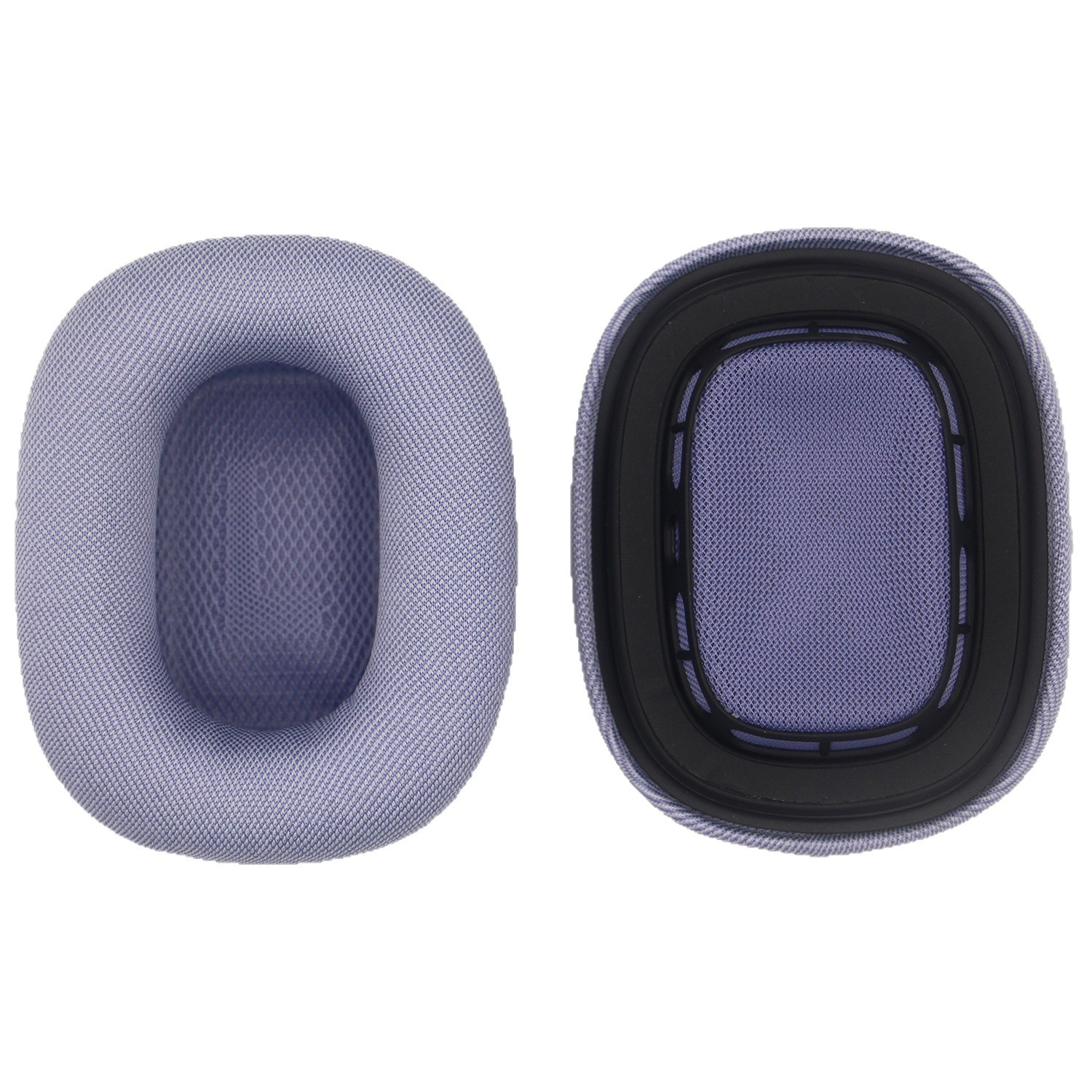 Zwei hellviolette Ohrmuscheln für Kopfhörer, eine offen und eine geschlossen, auf weißem Hintergrund.