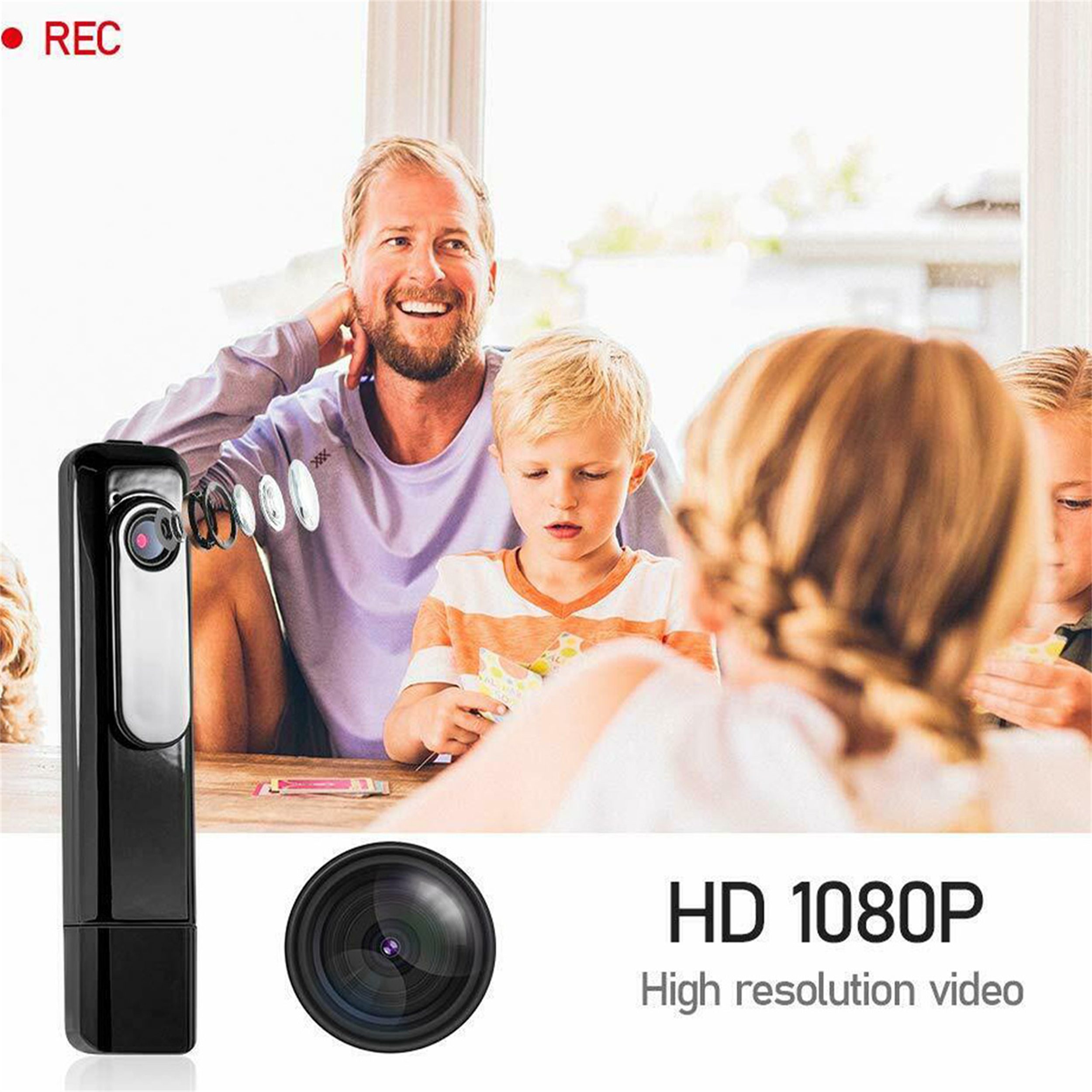 Eine kleine, stiftförmige Videokamera und eine Familie im Hintergrund.