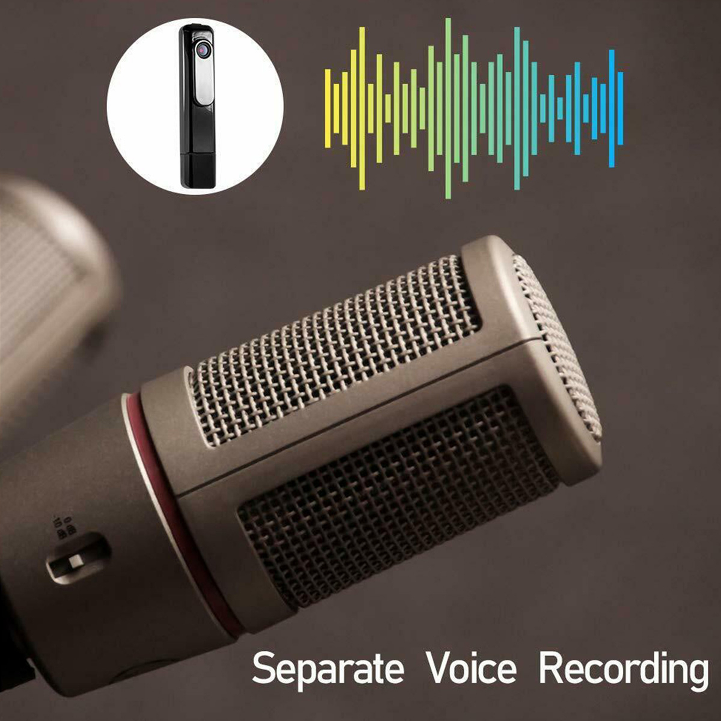 Ein Mikrofon mit Audio-Wave-Grafiken und einem kleinen Kameragerät.
