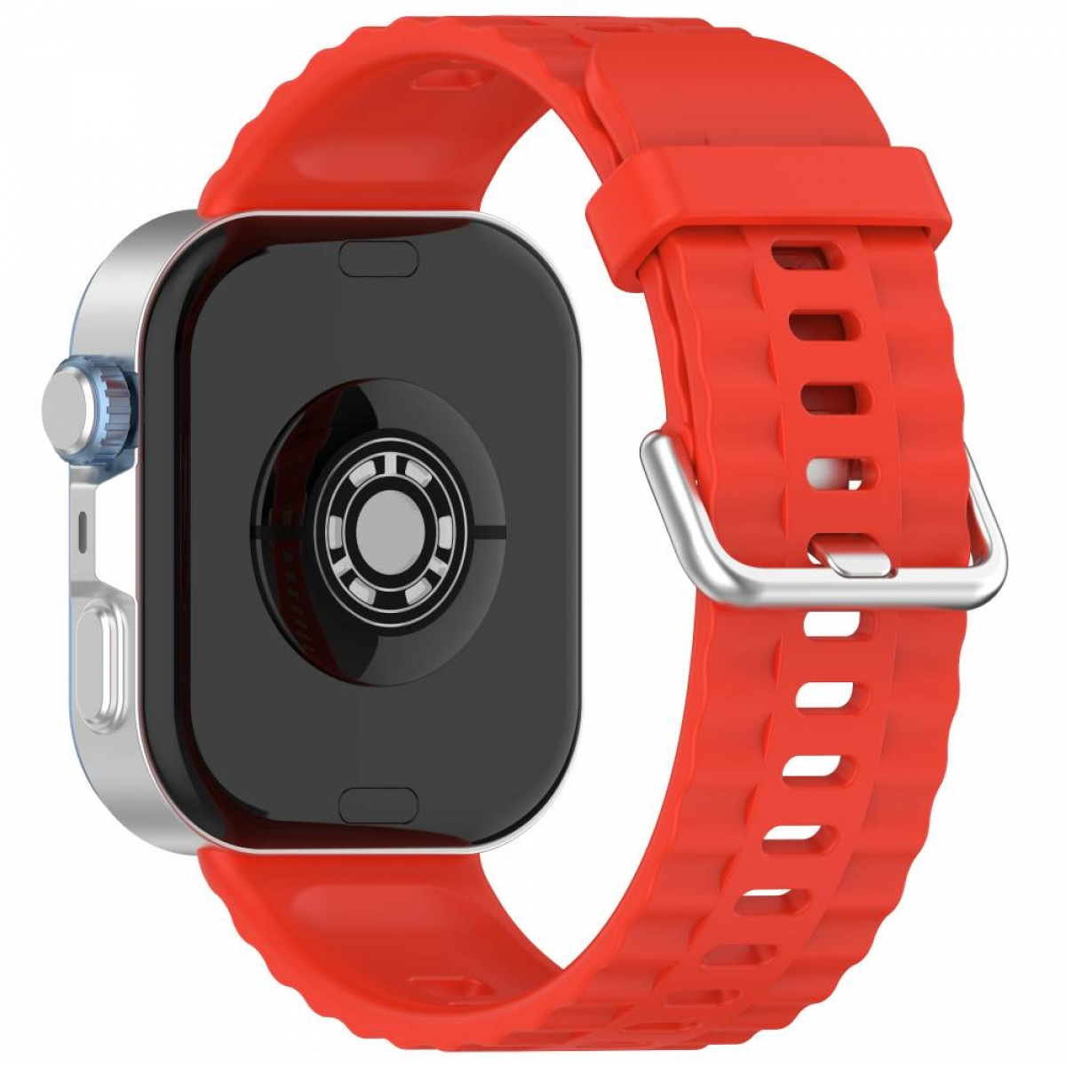 Eine rote Uhr mit schwarzem Bildschirm und rotem Armband. Das Band hat eine strukturierte Oberfläche.