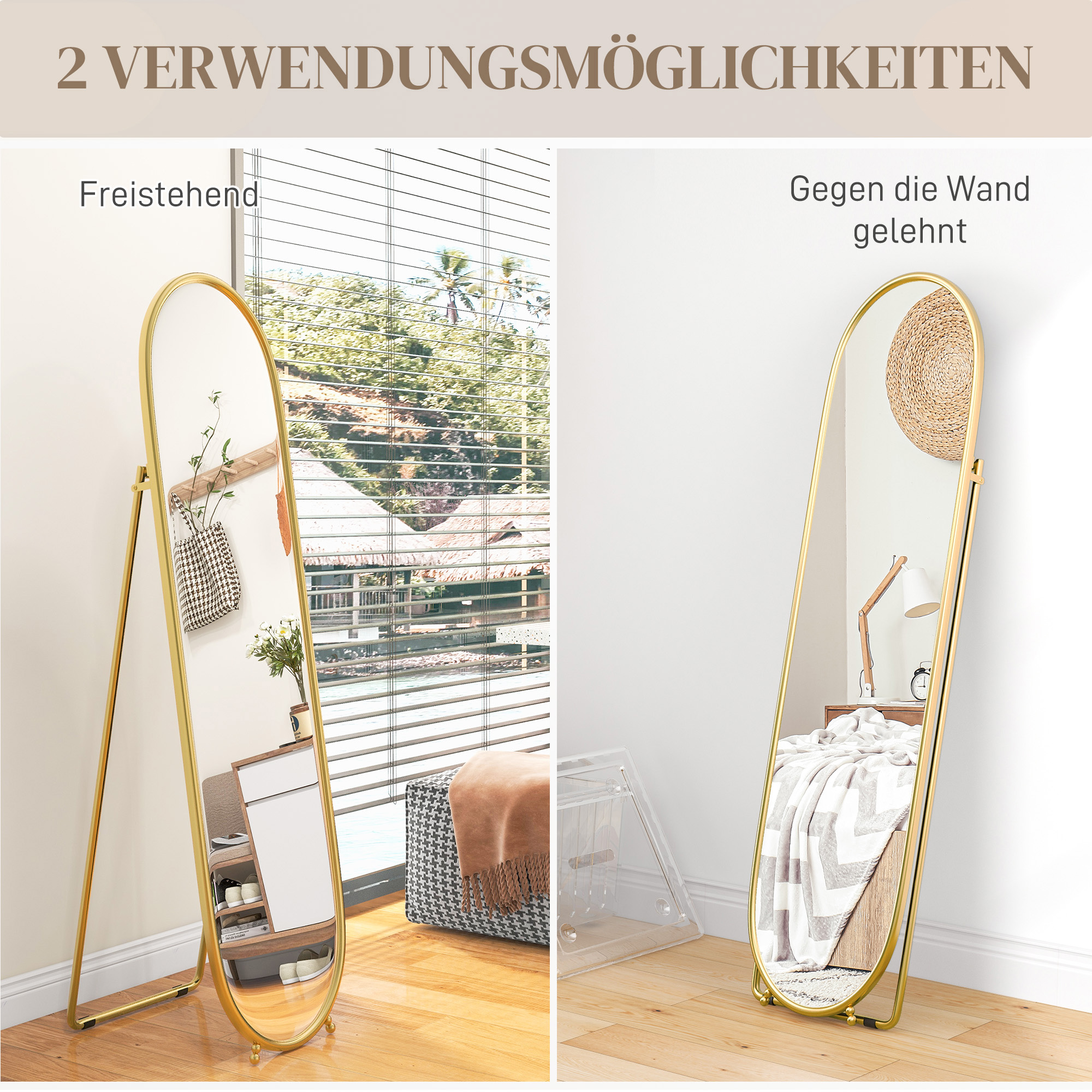 Zwei Bilder von ovalen Spiegeln mit Goldrahmen. Einer freistehend, der andere an einer Wand lehnend.