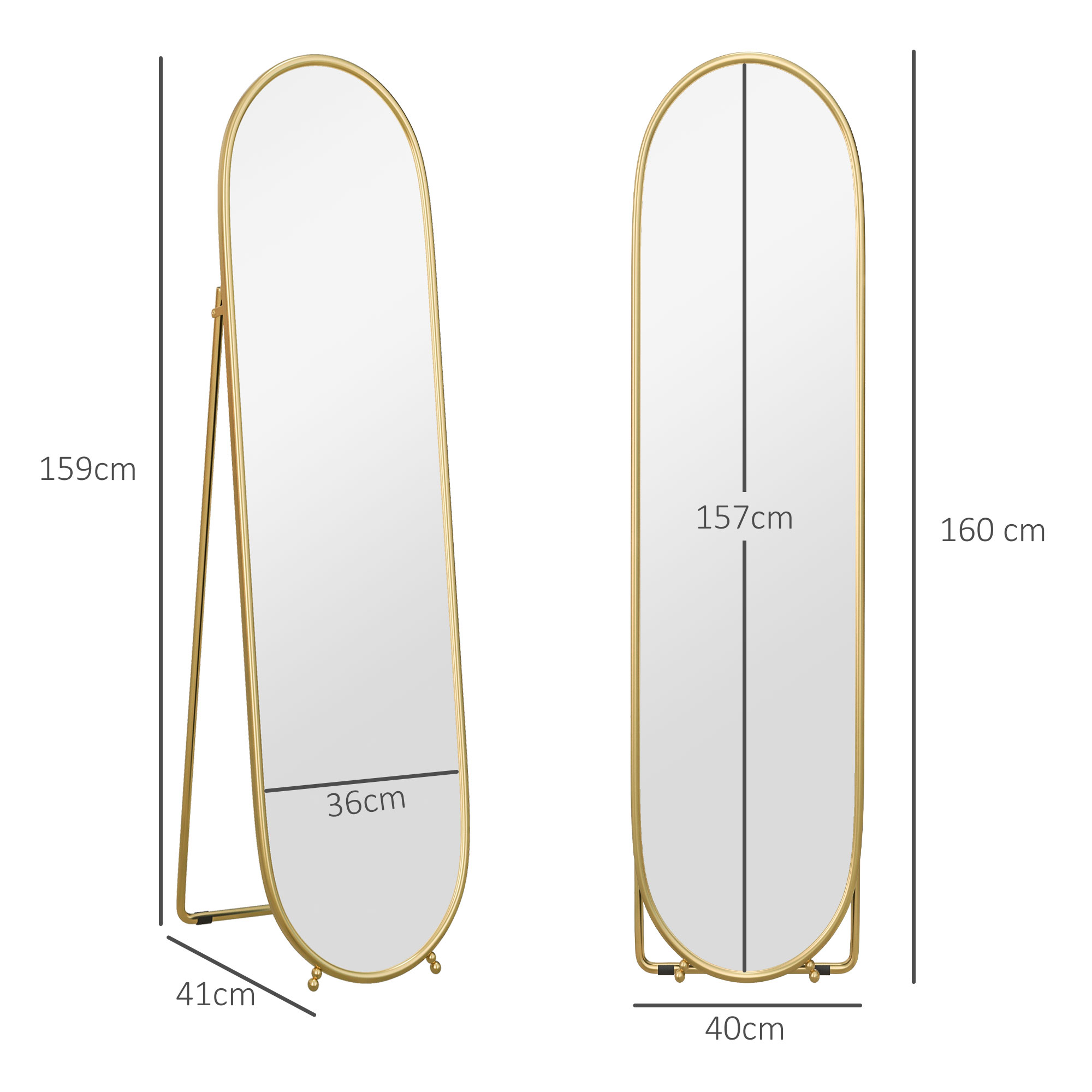 Zwei ovale Spiegel mit Goldrahmen. Abmessungen werden angezeigt. Ein Spiegel ist 160cm hoch.