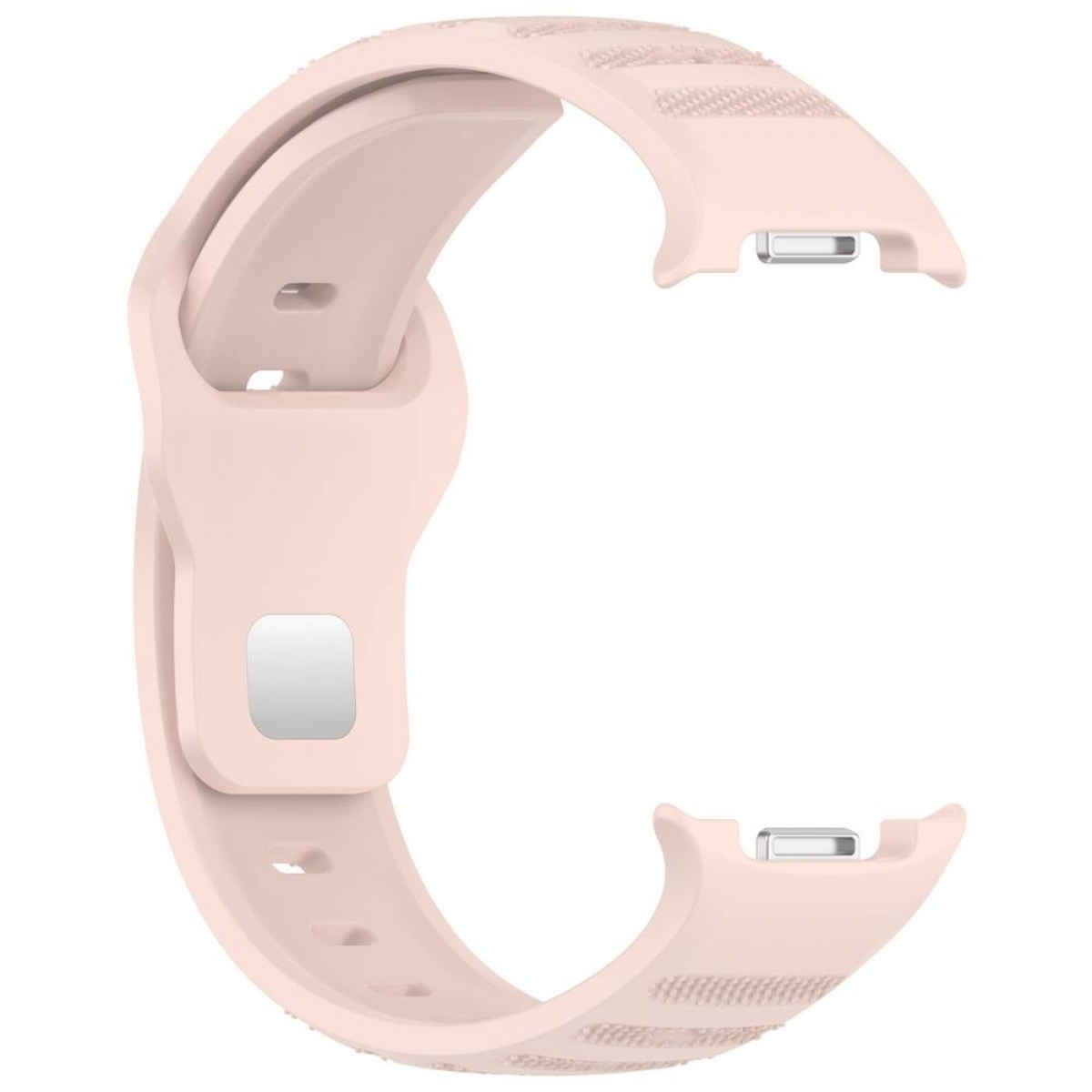 Rosa Uhrenarmband aus Silikon. Glattes, geschwungenes Design mit strukturierten Streifen.