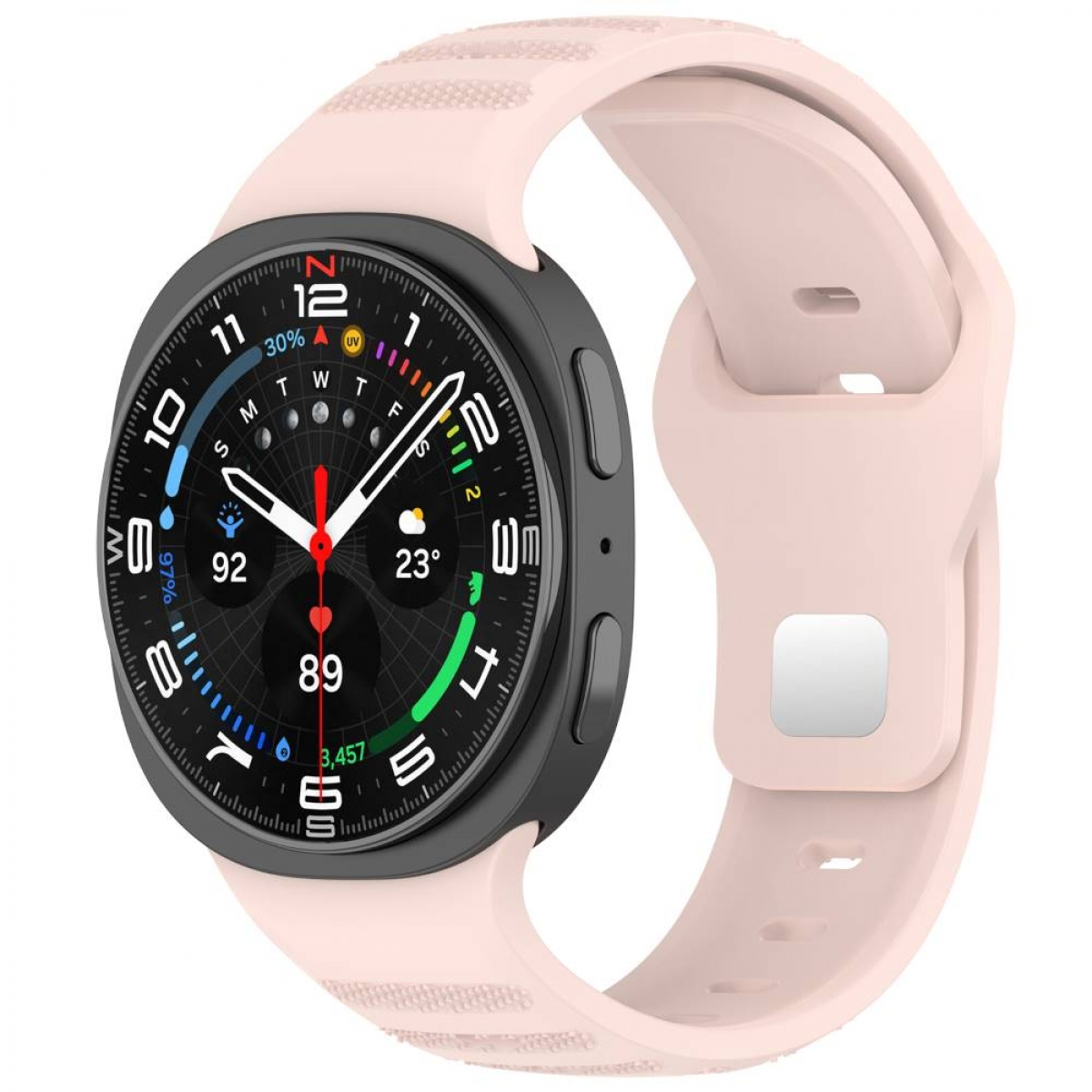 Smartwatch mit rosa Armband. Schwarzes kreisförmiges Display. Zeigt Zeit und Gesundheitsdaten.