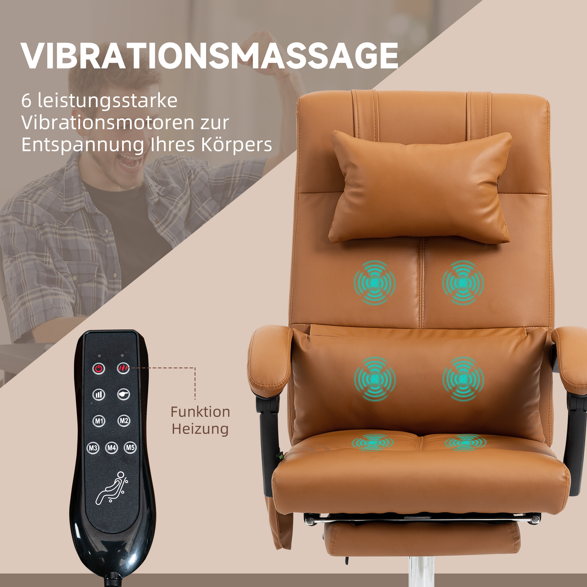 Brauner Massagestuhl mit Bedienfeld. Merkmale sind Kopf- und Lendenwirbelstütze und Massagefunktion.