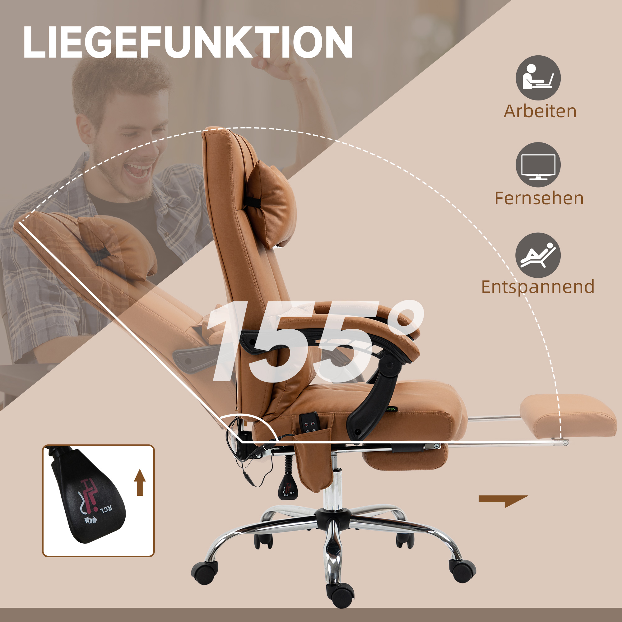 Brauner Bürostuhl um 155 Grad geneigt. Mit Fußstütze. Bedienelemente zur Einstellung der Position.