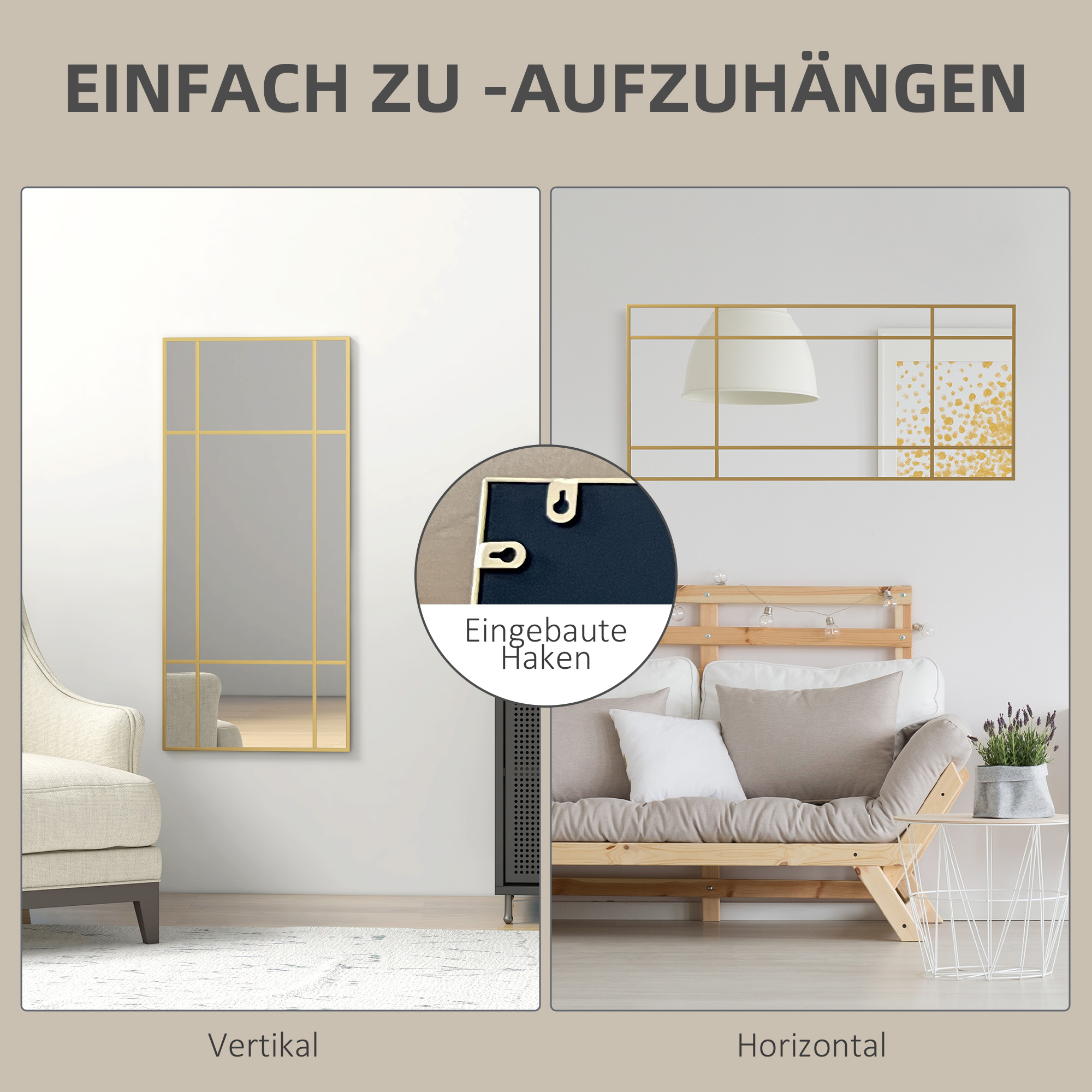 Zwei Bilder von goldgerahmten Spiegeln. Einer vertikal, einer horizontal, einfache Aufhängung.
