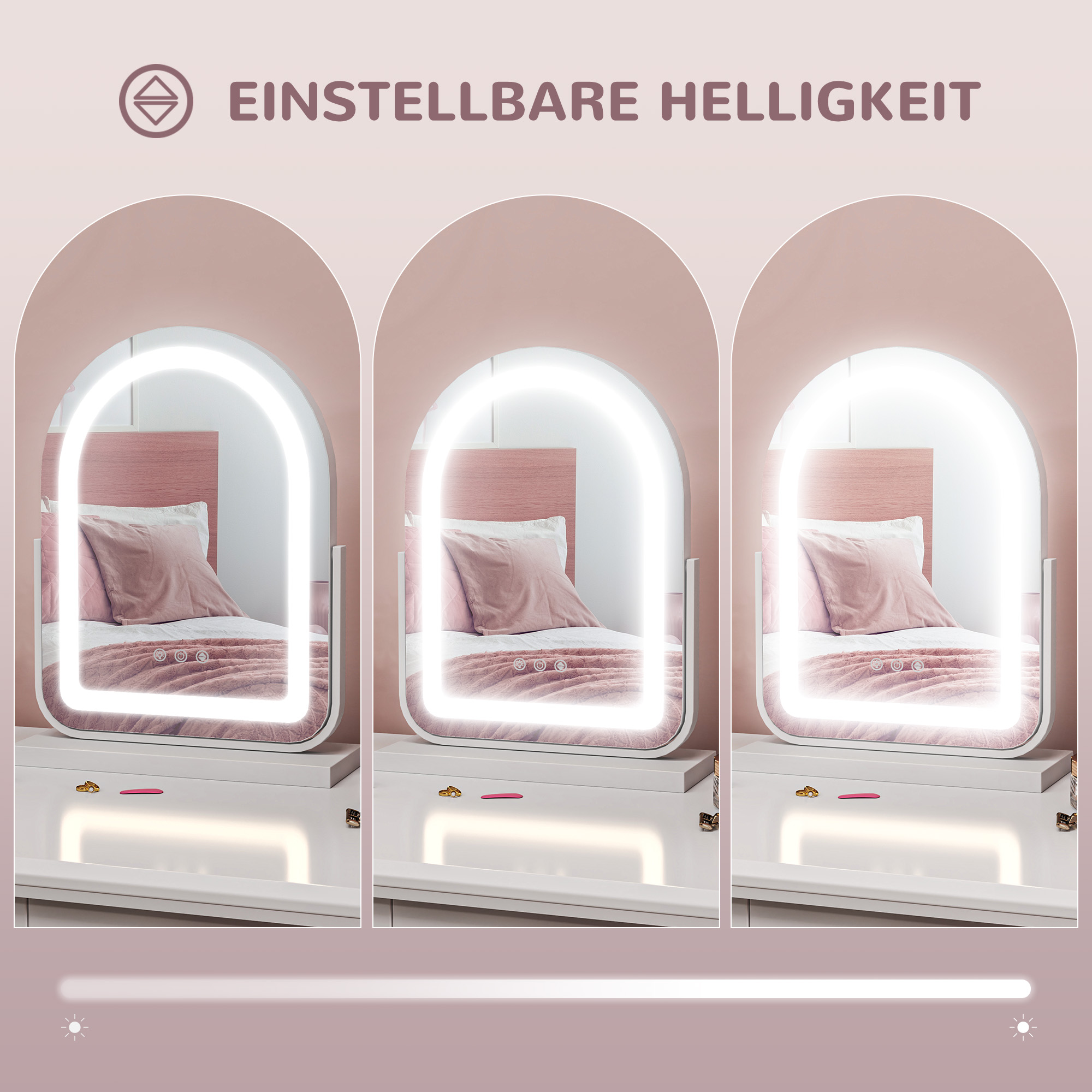 Drei beleuchtete Spiegel mit einstellbaren Helligkeitseinstellungen auf einem Schminktisch.