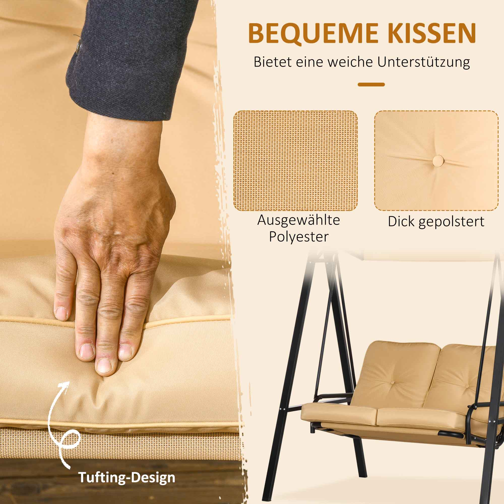 Hand berührt ein beiges Schaukelkissen, mit Nahaufnahme des Stoffes und Tufting-Design.
