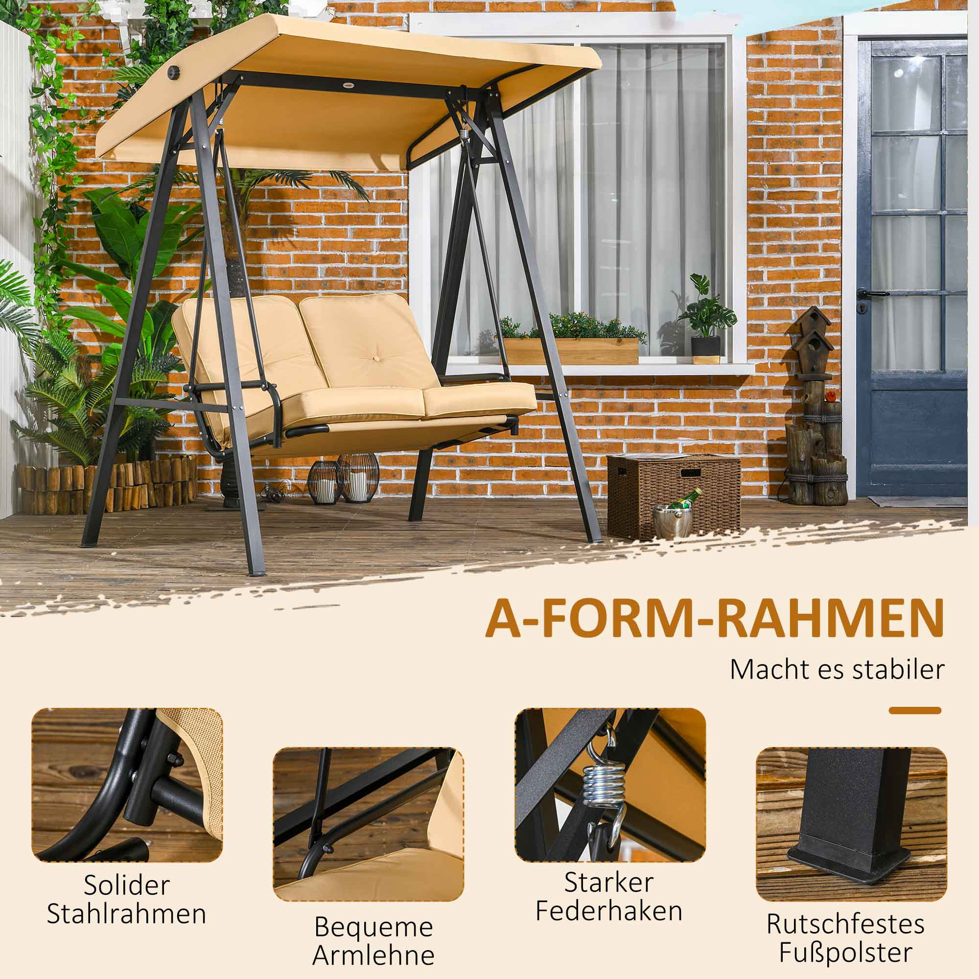 A-Rahmen Schaukel mit beigem Baldachin und Kissen, schwarzem Rahmen, auf der Terrasse. Text: A-FORM-RAHMEN. Rahmendetails.