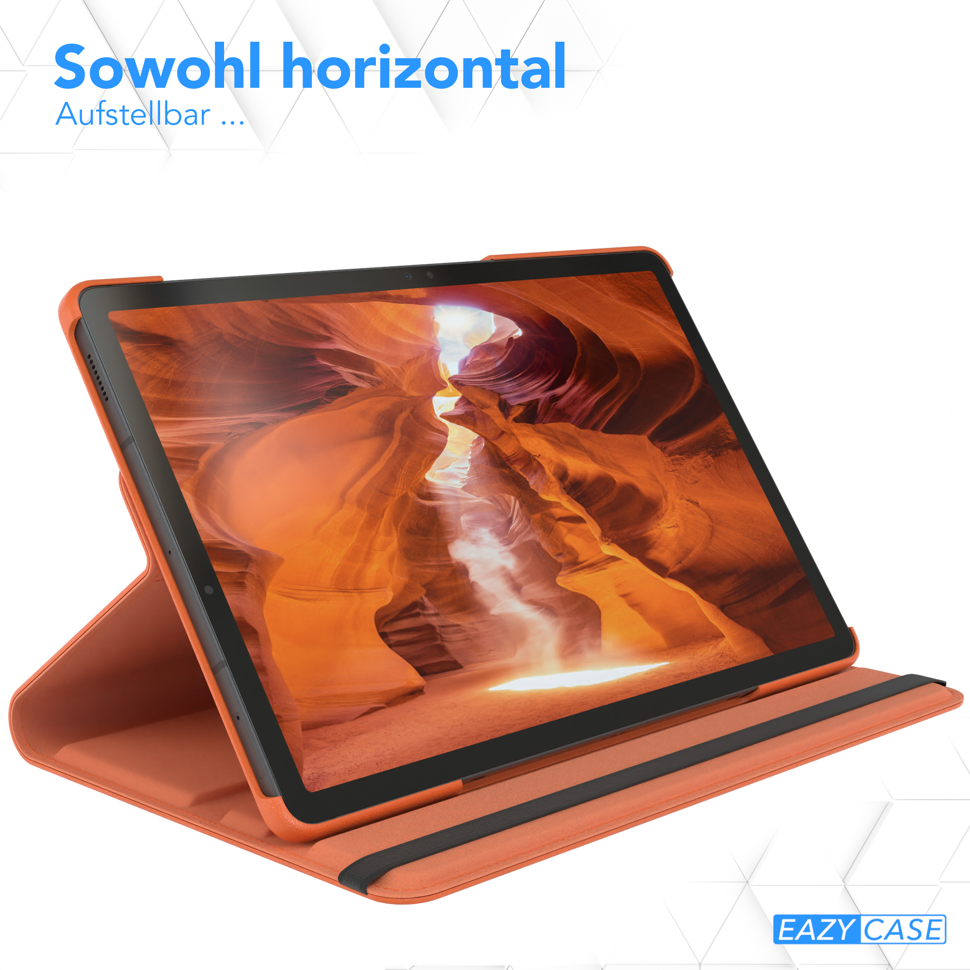 Ein offenes Tablet in einer orangefarbenen Hülle, das ein Canyon-Bild anzeigt. Text sagt 'Aufstellbar'.