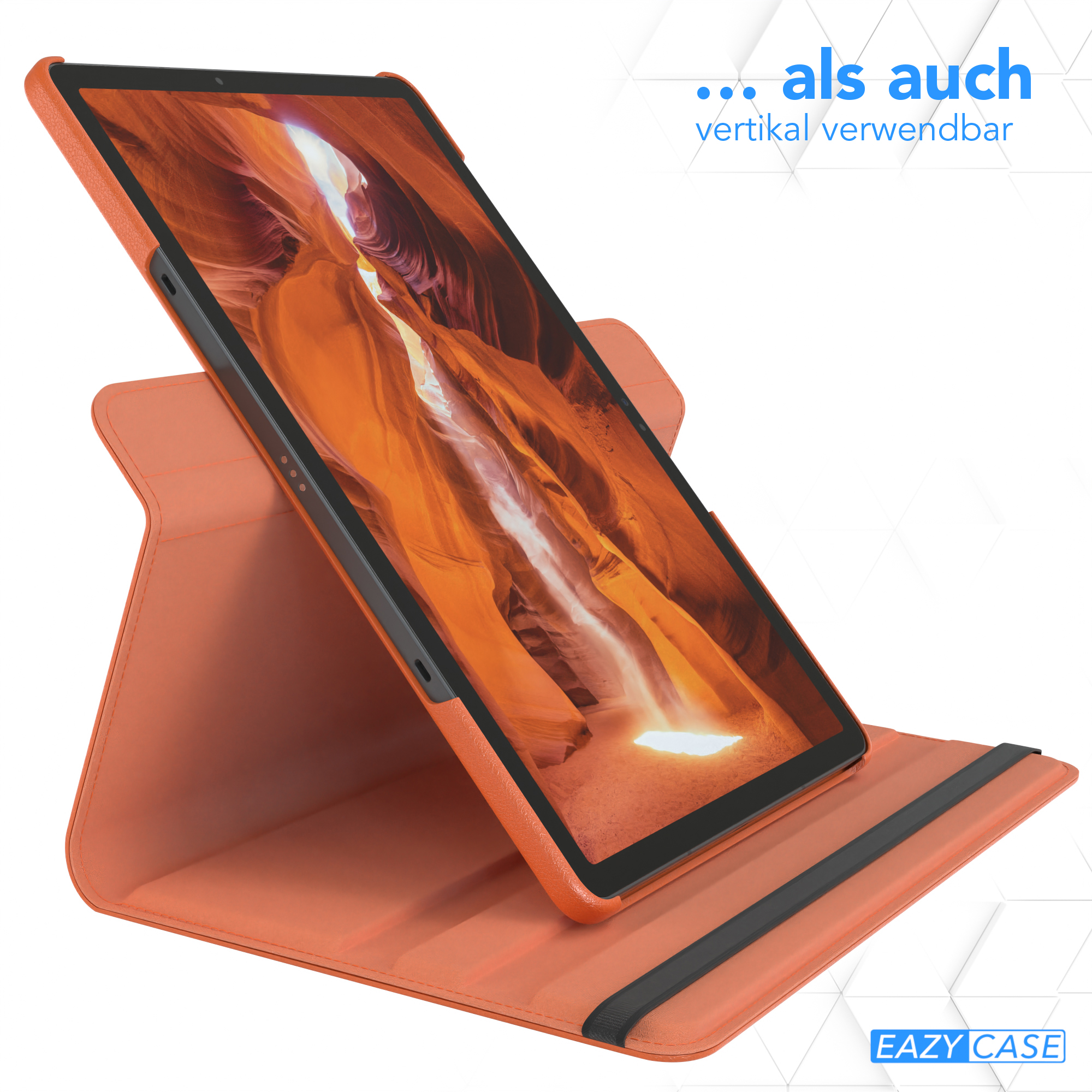 Tablet in orangefarbener Hülle, offen und vertikal. Text: ...als auch vertikal verwendbar. EAZY CASE Logo.