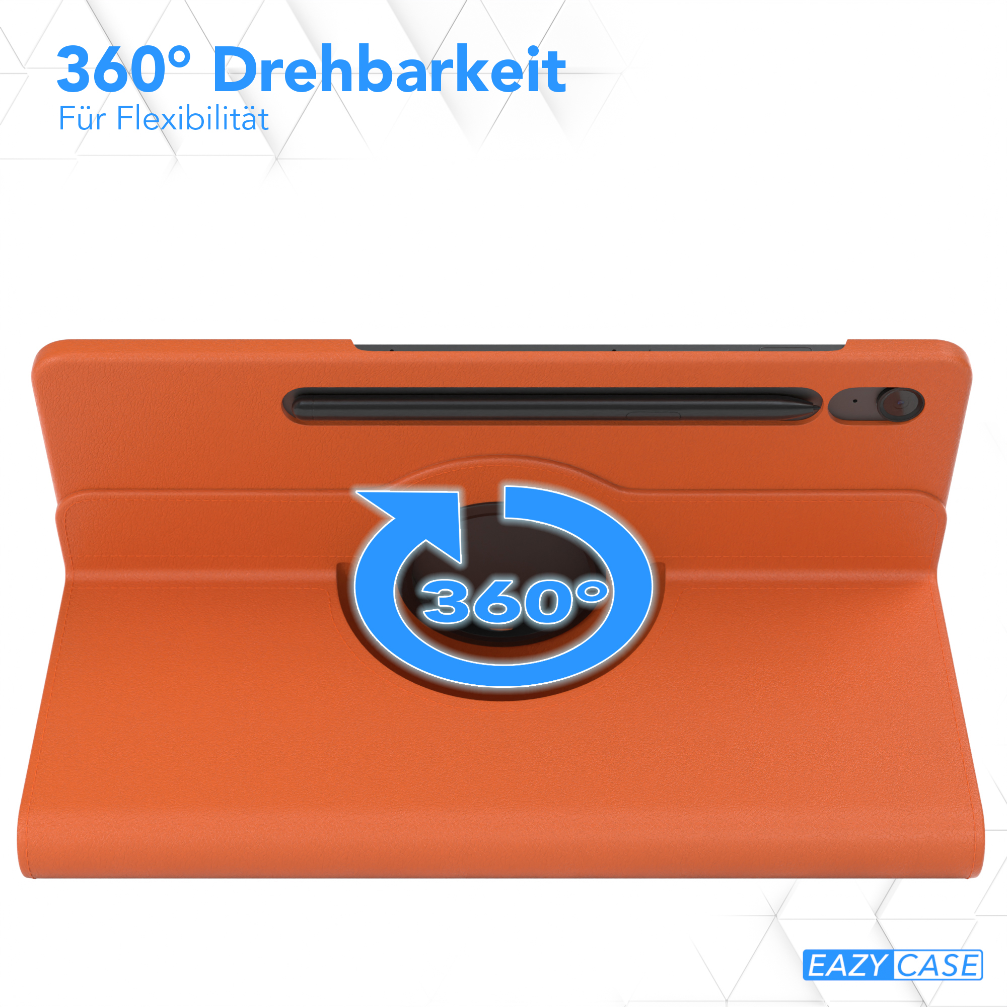 Orange Tablet-Hülle, offen, zeigt Tablet mit 360° Dreh-Grafik. EAZY CASE Logo.