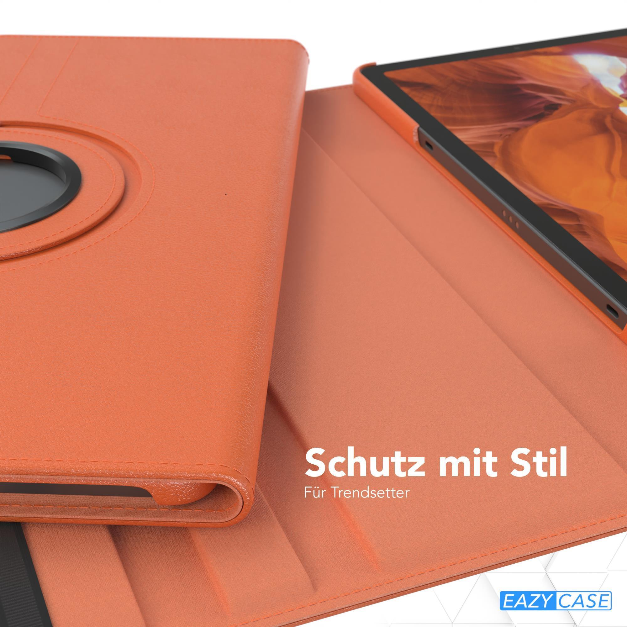 Orange Tablet-Hülle, geöffnet, zeigt ein Tablet. Text: Schutz mit Stil. EAZY CASE Logo sichtbar.