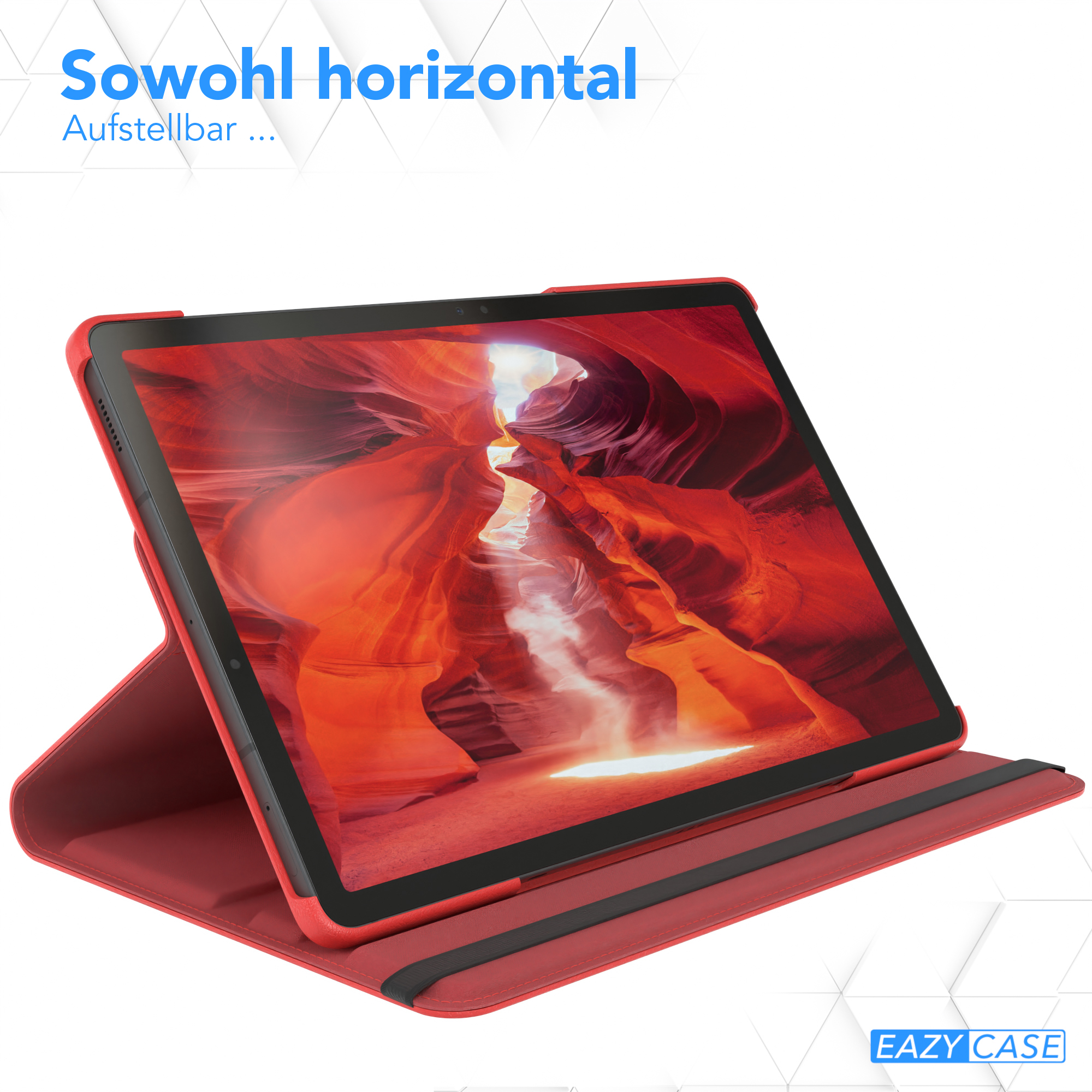 Ein offenes Tablet in einer roten Hülle, das ein Canyon-Bild anzeigt. Text sagt 'Aufstellbar'.