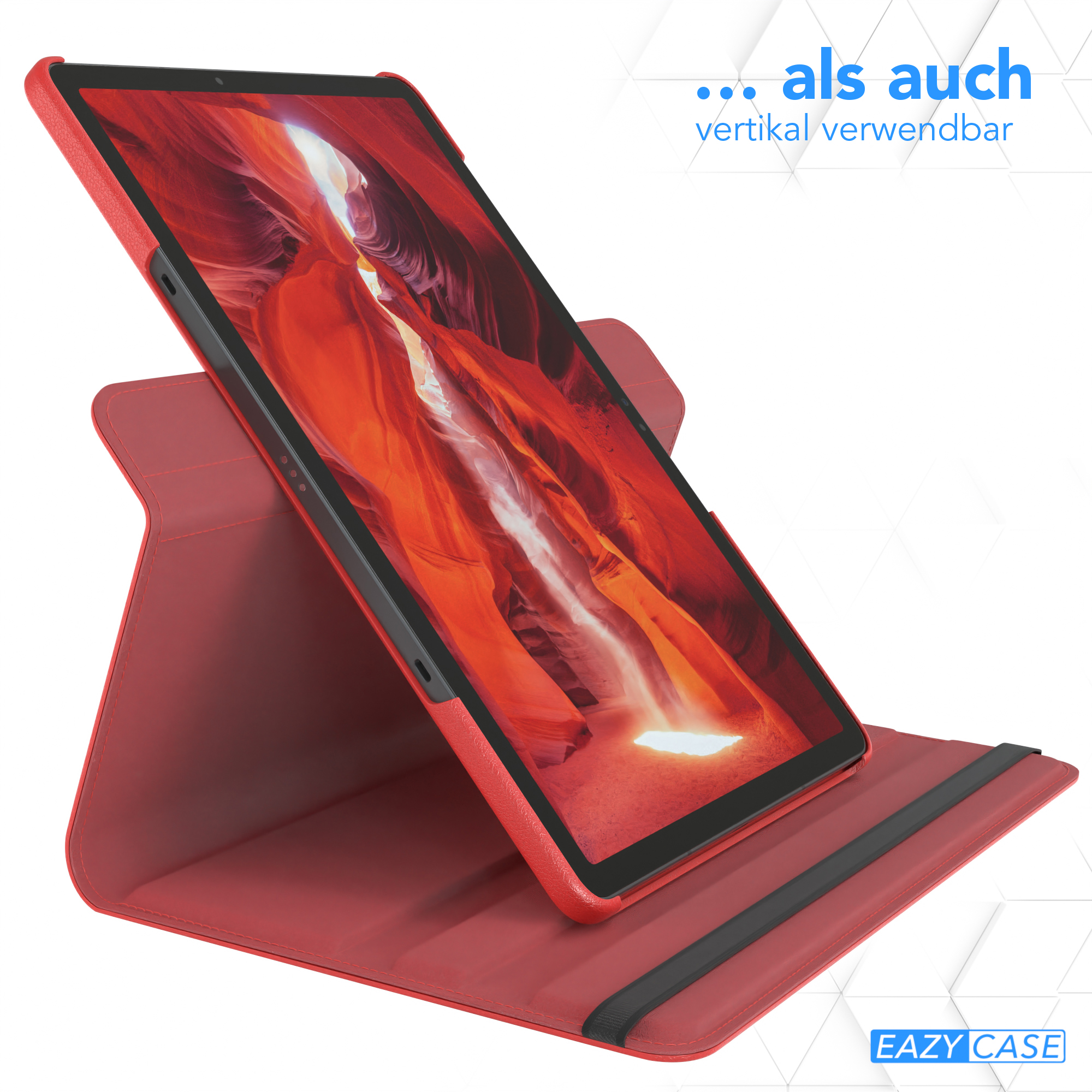 Tablet in roter Hülle, offen und vertikal. Text: ...als auch vertikal verwendbar. EAZY CASE Logo sichtbar.
