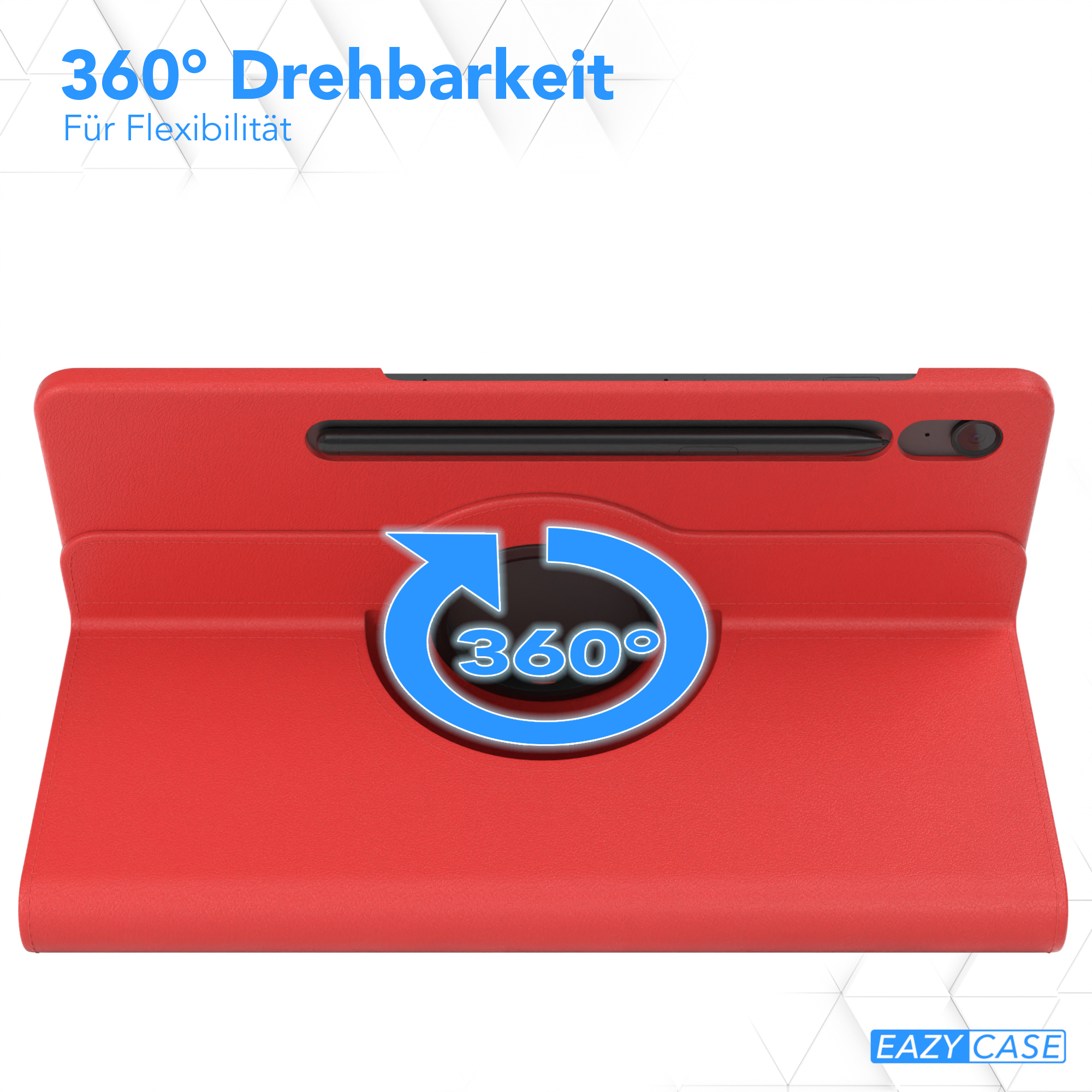 Rote Tablet-Hülle, offen, zeigt Tablet mit 360° Dreh-Grafik. EAZY CASE Logo.
