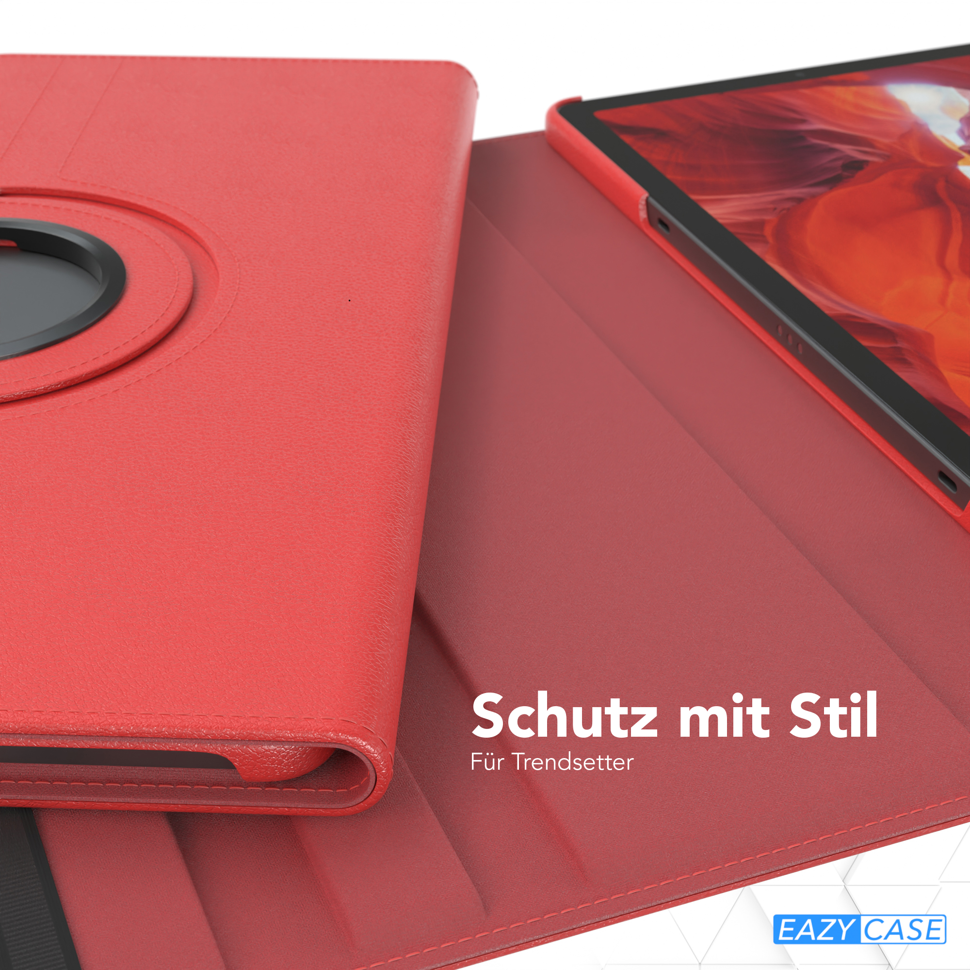Nahaufnahme einer roten Tablethülle mit dem Text 'Schutz mit Stil' und dem Markennamen Eazy Case.